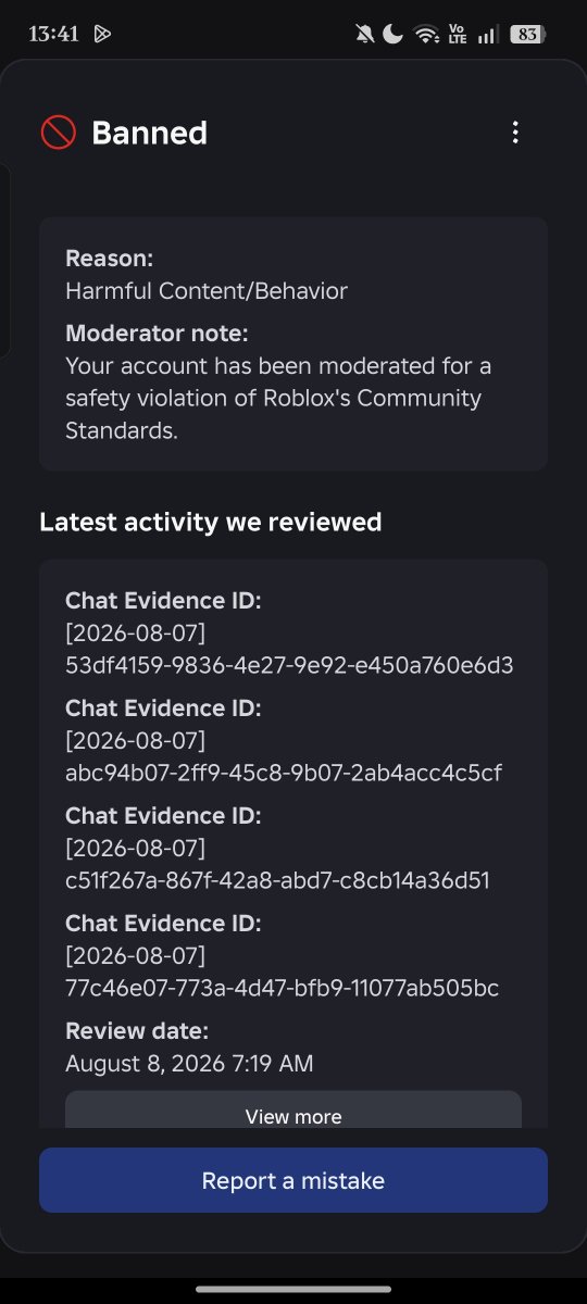 frozendebts's tweet photo. It had been 39 days since my @Roblox account :divinehymm had gotten banned for a false positive that flagged me for child endangerment, I am well aware on how the AI can misinterpret my chats but it is unfair to permanently ban my account as I've always kept my conversations safe https://t.co/d6rVLDV7KS