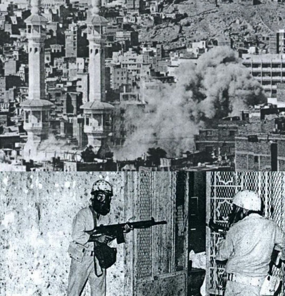 Marwa__Osman's tweet photo. A short history lesson to debunk Saudi lies about who has historically really attacked Mecca.

Below are images from the scenes of the Saudi forces' assault on the Grand Mosque in Mecca, with smoke rising from the mosque during their attack on the Safa and Marwa galleries, reportedly with the assistance of the French special forces GIGN in 1979, in what became known as the Grand Mosque seizure.

The incident began on November 20, 1979 (1 Muharram 1400 AH), when Juhayman al-Otaybi and hundreds of his followers entered the Grand Mosque in Mecca and seized control of the Grand Mosque by force, in response to the wave of Westernization that had swept through the country at the time.

Although it is strictly prohibited for non-Muslims (aka infidels) to enter the boundaries of the sacred Grand Mosque, according to the consensus of Muslim jurists throughout the ages and based on an explicit Qur'anic verse (which MBS later abolished), the Saudi authorities decided to seek the assistance of a full team of French non-Muslims to storm the Grand Mosque.

Contrary to the official Saudi regime narrative, which downplays the extent of foreign involvement in the 1979 Grand Mosque incident, testimonies from French operation commanders, Western documents, and independent investigations, including those by the BBC and Al Jazeera, reveal that the French role was the mastermind behind, and a central pillar of, the operation that ultimately secured win for the Saudi regime after its initial military attempts failed.

After the early assaults by Saudi army and National Guard forces failed, with the Saudi forces suffering heavy losses against Juhayman's entrenched group, the Saudi regime faced a threat to its political and religious legitimacy. King Khalid bin Abdulaziz therefore sent a secret and urgent request to the then-French President, Valéry Giscard d'Estaing, asking him to rescue the regime from the crisis. Giscard d'Estaing responded immediately, fearing the collapse of the regime and the potential impact on global oil supplies.

Paris secretly dispatched a small team of elite French Gendarmerie forces from GIGN, led by Captain Paul Barril and two of his colleagues, including Christian Lambert.

Given the strict religious prohibition against non-Muslims entering the Grand Mosque, numerous accounts, including French testimonies and Western intelligence reports, state that the French experts underwent a "formal and expedited procedure for a nominal conversion to Islam" (!) by reciting the two declarations of faith before Saudi officials in order to overcome the religious and legal obstacle.

Although some subsequent official Saudi and French accounts attempted to claim that the French team directed operations from a hotel in the nearby city of Taif without entering Mecca itself, the French team has confirmed that they entered the Grand Mosque and participated directly in the assault and crackdown alongside Saudi forces.

The French found that the Saudi forces were disorganized and their morale had collapsed, and that storming the basement and narrow galleries, such as the Safa and Marwa gallery, was impossible using conventional weapons without causing mass casualties among the assaulting forces. Accordingly, the French team:

Reorganized the entire assault plan and trained Saudi forces, as well as some Pakistani auxiliary forces, in Taif. They also supplied and shipped large quantities of a special chemical gas, CS gas (ortho-chlorobenzalmalononitrile), known as a riot-control agent that causes severe irritation and incapacitation, and supervised the drilling of holes in the floors and ceilings of the Grand Mosque and its underground areas, through which gas and water were pumped into the hideouts in an effort to force Juhayman's group to surrender or emerge incapacitated and unable to continue fighting.

1/2