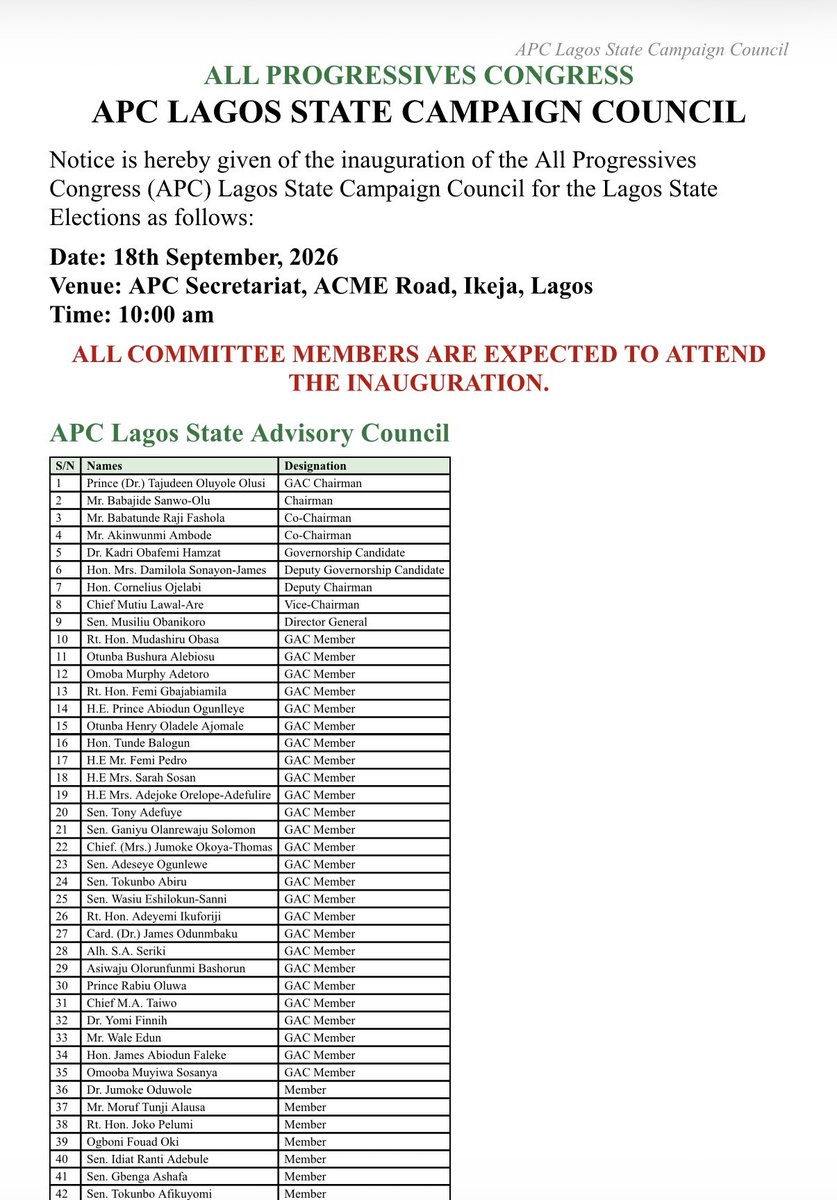 KOHMediaCentre's tweet photo. APC LAGOS STATE CAMPAIGN COUNCIL CONSTITUTED

The PBAT/KOH Lagos State Campaign Council has been constituted ahead of the 2027 general elections.

Prince Tajudeen Oluyole Olusi will serve as Chairman of the Governance Advisory Council (GAC).

Stay Updated @KOHMediaCentre https://t.co/9cda09OgBq