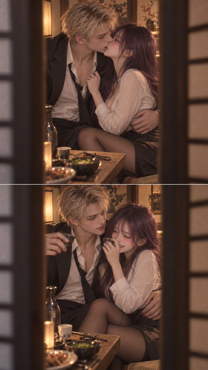 YueyueforLuis's tweet photo. 居酒屋Chill🍻

prompt:

An adult couple inside a Japanese *izakaya*; a *shoji* sliding door is cracked open just a sliver, creating the impression of a server secretly snapping a photo of the pair inside the private room. The two are drinking together; their ears and faces are flushed. The man has his arm around the woman's waist, gently kissing her or playfully teasing her. They look like a couple in the honeymoon phase—constantly gazing at one another—with movements that feel lively and dynamic. The scene is tender, romantic, and sweet, capturing a candid, dynamic moment. Realistic style. Two-panel sequential narrative composition; 9:16 aspect ratio. The man wears a suit jacket with the buttons undone; the woman wears a high-waisted pencil skirt, a shirt, and black stockings, accentuating her elegant, defined curves.