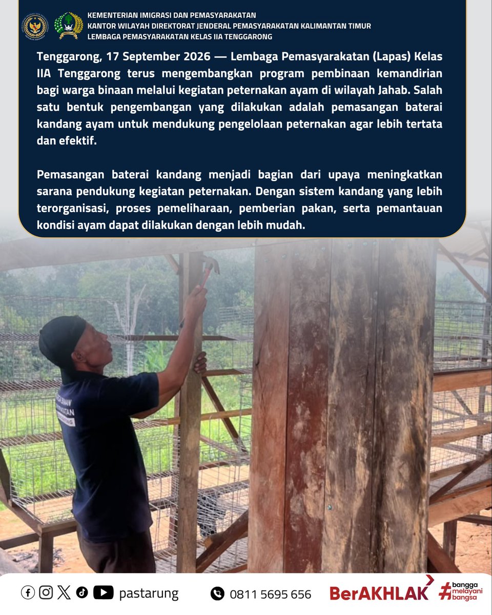 pastarung's tweet photo. 🐔 Dukung Pembinaan Kemandirian, Lapas Tenggarong Pasang Baterai Kandang Ayam di Jahab

Lapas Kelas IIA Tenggarong terus mengembangkan program pembinaan kemandirian bagi warga binaan melalui kegiatan peternakan ayam di Jahab. https://t.co/oYSMGAzddy
