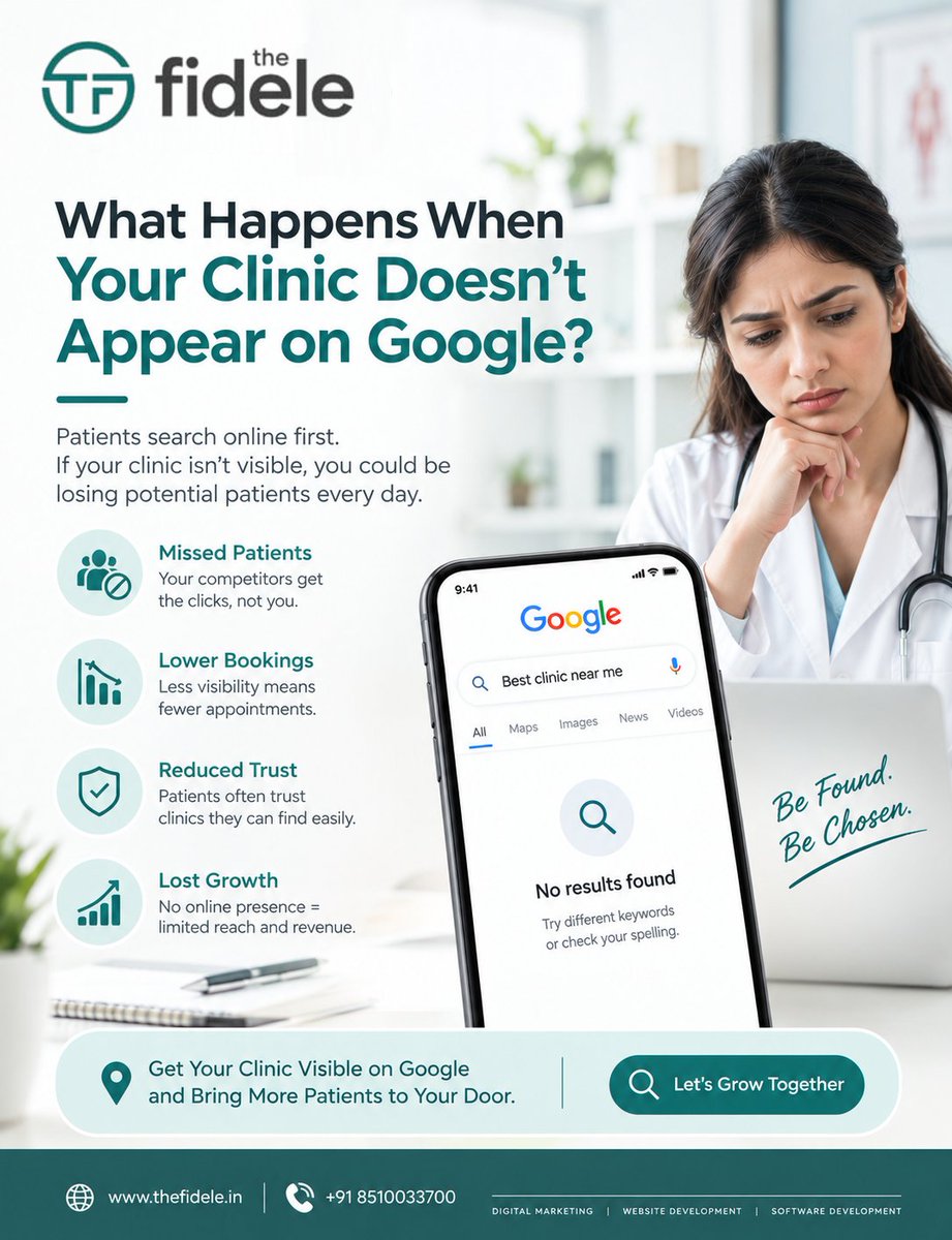 FideleDigital's tweet photo. 🔎What happens when your clinic doesn't appear on Google?

You may miss:

📍 Local searches
👥 Potential patients
📞 Appointment enquiries
⭐ Trust-building opportunities

#HealthcareMarketing #HealthcareSEO #DoctorMarketing #LocalSEO #ClinicMarketing #TheFidele https://t.co/td46B5knLb