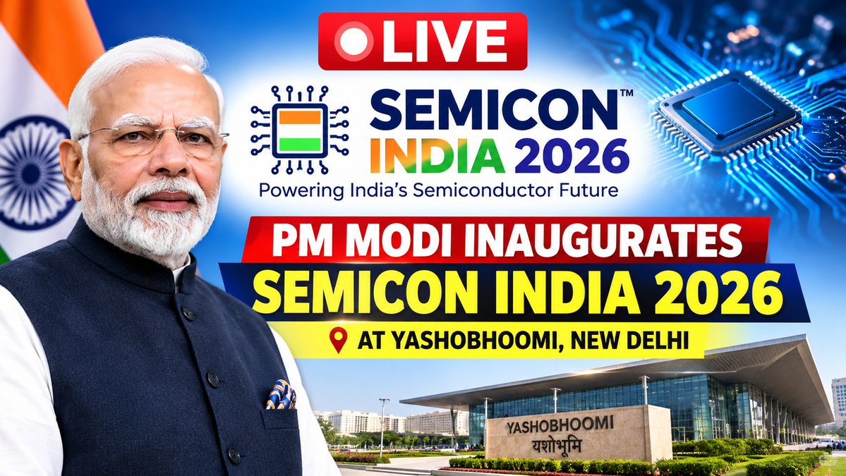 Newspointtv's tweet photo. PM Modi inaugurates SEMICON India 2026 at Yashobhoomi
Watch: https://t.co/uhEIUS24zp
#PMModi #SemiconIndia #SemiconductorCoference #ElectronicsEcosystem #Meity #IndiaSemiconductorMission #StartUps #NarendraModi #Tata #IBMResearch #TataElectronics #Yashobhoomi https://t.co/04wqMuPxJe
