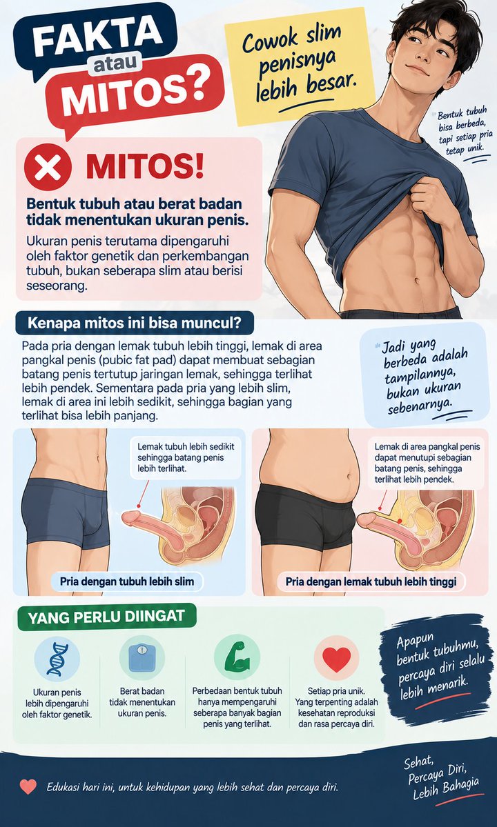 keponakannnn's tweet photo. ==================
♂️ MITOS ATAU FAKTA?
==================

“Cowok yang tubuhnya slim, penisnya lebih besar.”

❌ MITOS.

Bentuk tubuh atau berat badan tidak menentukan ukuran penis. Ukuran penis terutama dipengaruhi faktor genetik dan perkembangan tubuh.

Namun ada sedikit alasan mengapa anggapan ini muncul: pada pria dengan lemak tubuh lebih tinggi, lemak di area pangkal penis (pubic fat pad) dapat membuat sebagian batang penis terlihat lebih pendek karena sebagian tertutup jaringan lemak.

Jadi:

Tubuh slim ≠ penis pasti lebih besar.
Tubuh berisi ≠ penis pasti lebih kecil.

Yang bisa berbeda adalah tampilannya, bukan ukuran sebenarnya. 😏