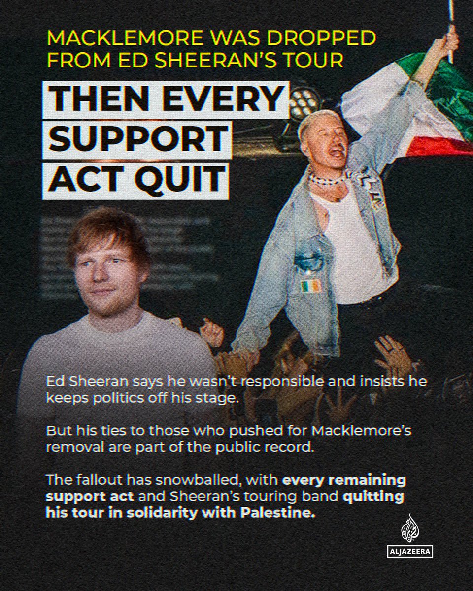 AJEnglish's tweet photo. Thread 🧵

How did Macklemore’s pro-Palestine performance end with every remaining support act quitting Ed Sheeran’s tour? Here’s what happened.

#Infograph https://t.co/LjFRBARyP2