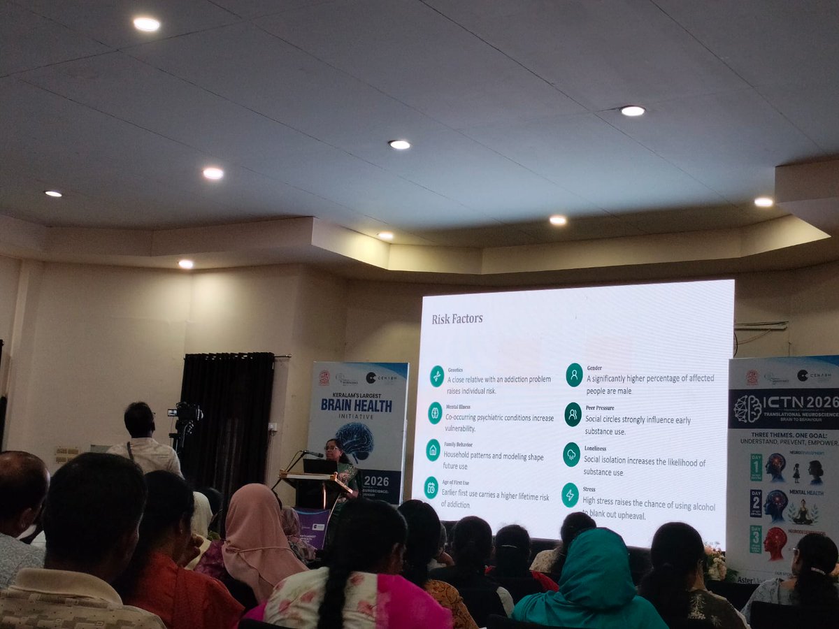 nhrimh's tweet photo. 🧠 Dr. R. Bhuvaneswari Presents at ICTN 2026

📍 Kochi | 15 September 2026

Dr. R. Bhuvaneswari, Research Officer (Homoeopathy)/Scientist-3, NHRIMH, Kottayam, delivered a presentation at the International Conference on Translational Neuroscience: Brain to Behaviour (ICTN 2026), being held from 14–16 September 2026 at the Seminar Complex, CUSAT.

As part of the Brain Symposium on Mental Health, she presented on:

🎙️ “It’s Not Just Drinking – Hidden Behaviours of Alcoholism”

The session explored the behavioural dimensions of alcoholism, aligning with the central theme of ICTN 2026—“From Brain to Behaviour.”

Organised by the Centre for Neuroscience, Department of Biotechnology, CUSAT, the conference brings together researchers, clinicians, postdoctoral fellows, students, industry representatives and members of the public to discuss emerging developments in translational neuroscience.

The Mental Health Brain Symposium brings together clinicians, practitioners and psychologists to deliberate on mental healthcare pathways and emerging challenges in mental health care in Kerala.

👏 Congratulations to Dr. Bhuvaneswari on this academic contribution!

#NHRIMH #CCRH #MinistryOfAyush #ICTN2026 #TranslationalNeuroscience #BrainToBehaviour #MentalHealth #Alcoholism #Homoeopathy #ResearchAndAcademics