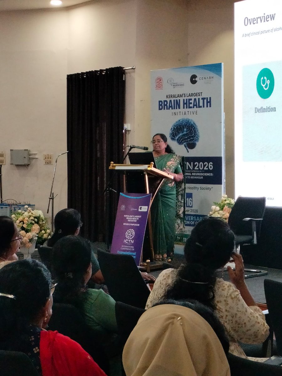 nhrimh's tweet photo. 🧠 Dr. R. Bhuvaneswari Presents at ICTN 2026

📍 Kochi | 15 September 2026

Dr. R. Bhuvaneswari, Research Officer (Homoeopathy)/Scientist-3, NHRIMH, Kottayam, delivered a presentation at the International Conference on Translational Neuroscience: Brain to Behaviour (ICTN 2026), being held from 14–16 September 2026 at the Seminar Complex, CUSAT.

As part of the Brain Symposium on Mental Health, she presented on:

🎙️ “It’s Not Just Drinking – Hidden Behaviours of Alcoholism”

The session explored the behavioural dimensions of alcoholism, aligning with the central theme of ICTN 2026—“From Brain to Behaviour.”

Organised by the Centre for Neuroscience, Department of Biotechnology, CUSAT, the conference brings together researchers, clinicians, postdoctoral fellows, students, industry representatives and members of the public to discuss emerging developments in translational neuroscience.

The Mental Health Brain Symposium brings together clinicians, practitioners and psychologists to deliberate on mental healthcare pathways and emerging challenges in mental health care in Kerala.

👏 Congratulations to Dr. Bhuvaneswari on this academic contribution!

#NHRIMH #CCRH #MinistryOfAyush #ICTN2026 #TranslationalNeuroscience #BrainToBehaviour #MentalHealth #Alcoholism #Homoeopathy #ResearchAndAcademics