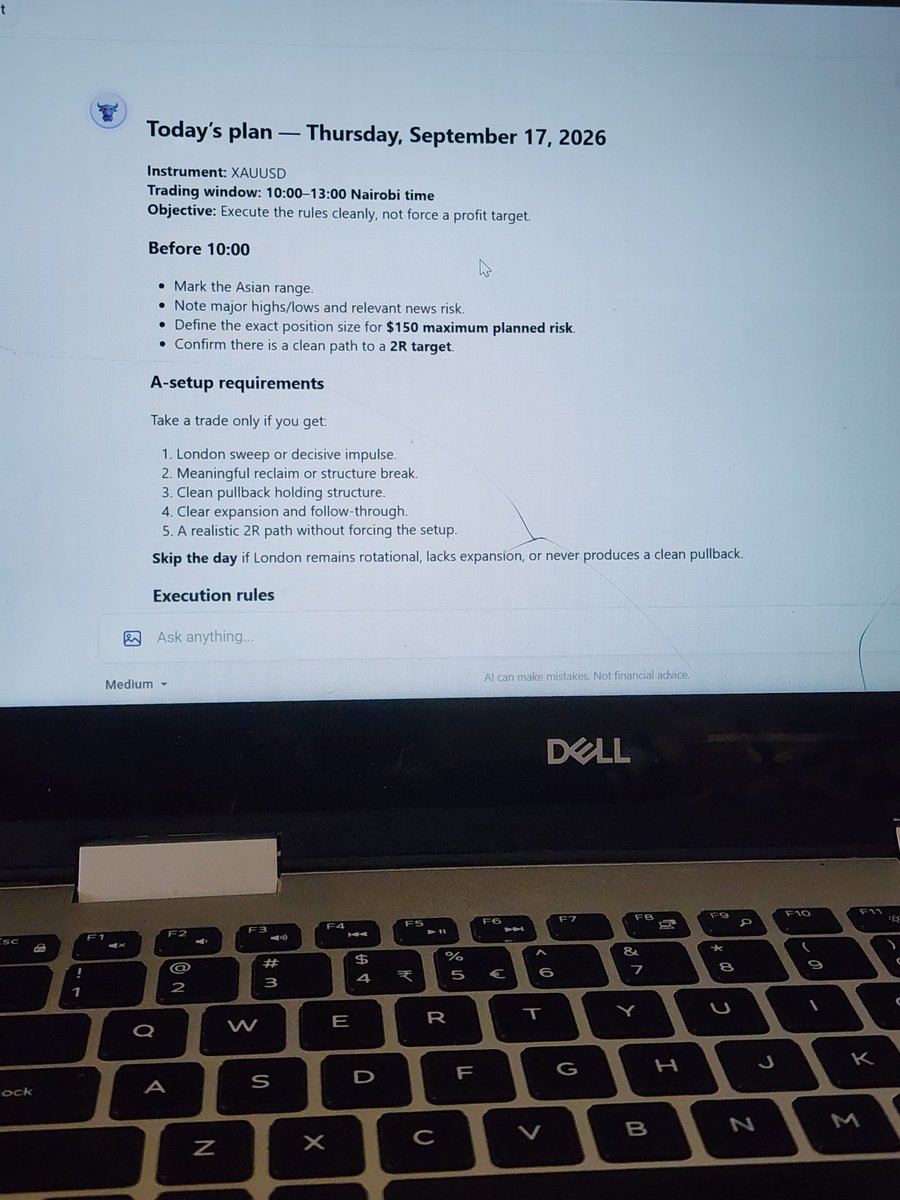 derrick_bett's tweet photo. Day 4 of the $50K journey. 🧠📈
Plan first. Trade second.
Fixed risk. A+ setup only. No forcing trades.
The goal isn't to make money today — it's to execute the process correctly.
Tracking it all with @TradeZella.
#XAUUSD #GoldTrading #TradingJourney #PropFirm #TradeZella https://t.co/97JncewSEv