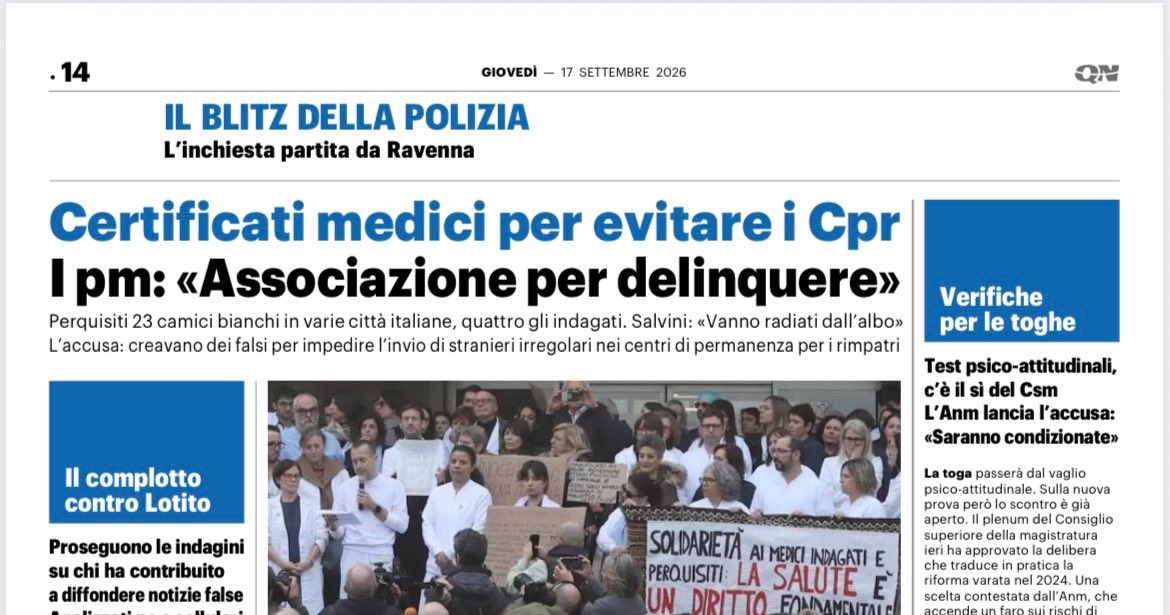 fratotolo2's tweet photo. Falsi certificati medici per impedire il trasferimento di clandestini e immigrati criminali nei Centri per i rimpatri: 23 medici perquisiti in tutta Italia 

“Indagato, per associazione per delinquere finalizzata alla formazione di certificati anti-Cpr, Nicola Cocco, medico infettivologo con casa a Varese e studio a Milano, considerato dagli inquirenti una sorta di referente dei colleghi sul tema, membro della Simm, acronimo che sta per Società italiana di medicina delle migrazioni”