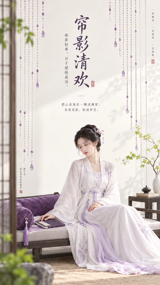 liyue_ai's tweet photo. GPT Image 2.5生成东方极简封面海报。

提示词（欢迎返图）：
主题方向：东方禅意极简封面海报
风格分支：女性审美精致型
主体内容：一位古风女子坐在低榻上，手边放着一本合起的小册子
情绪母题：安静、柔美、精致松弛感
场景与意象：极简珠帘、低榻、葡萄紫软垫、青柠绿小枝叶、女子
构图与空间：9:16 竖版构图，低榻位于下方，珠帘从上方垂落形成柔和纵向节奏，中上部保留留白
色彩控制：奶白作为整体基底，葡萄紫用于软垫和局部点缀，青柠绿用于少量枝叶，人物服装建议珍珠白或浅紫白；避免全图泛紫
光线与质感：明亮室内柔光，轮廓清晰，低灰度，干净平面海报感
画幅比例：9:16
补充要求：整体要有精致女性感和封面感，珠帘要简洁，不要宫廷繁复感，画面留白处配上合适的艺术文字 。