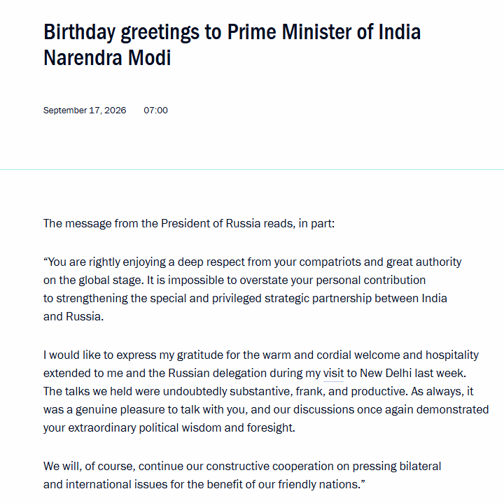 vikasjournolko's tweet photo. Birthday wishes from President Putin to PM Modi https://t.co/iI0IgIpvhJ