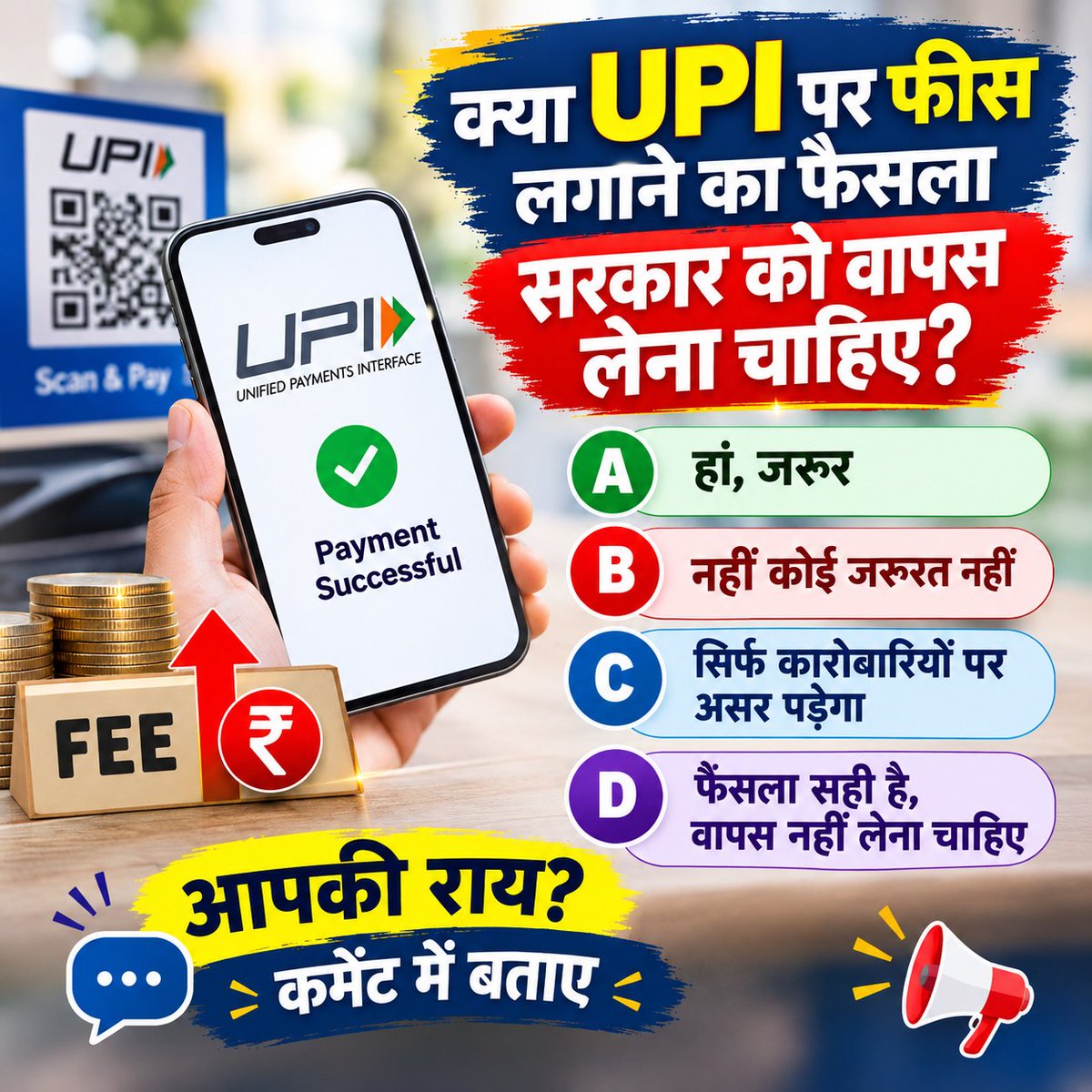 rahulgoelup's tweet photo. UPI फैसले का असर आम आदमी ही नहीं, छोटे दुकानदारों, कारोबारियों और डिजिटल पेमेंट के इस्तेमाल पर पड़ सकता है. क्या UPI पर फीस लगाने का फैसला सरकार को वापस लेना चाहिए?
अपनी राय कमेंट में बताइए:
#UPI #UPIPayment #DigitalPayment #MerchantFee https://t.co/IBsZS5Yj4v