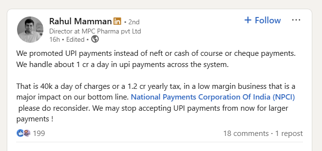 DealsDhamaka's tweet photo. Companies are already feeling the pinch of MDR on UPI, even before it is implemented.

Rahul, an IIM Ahmedabad graduate and Director at MPC Pharma Private Limited, has been a strong promoter of UPI payments. His company handles close to ₹1 crore in UPI transactions every day.

At that scale, even a seemingly small MDR can become a significant cost and directly impact the company’s bottom line.

This is where the real impact of UPI MDR starts becoming visible, especially for businesses processing large transaction volumes.