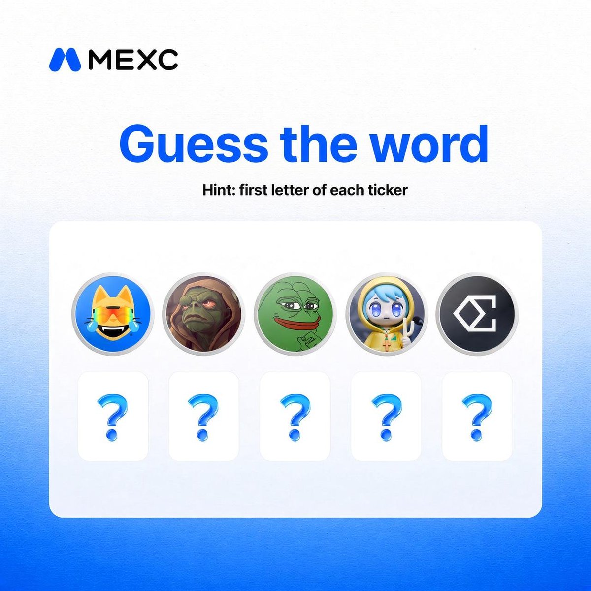 MEXCTrueNorth's tweet photo. #MEXCQuiz Guess the word, eh?
5 tickers. First letter only. One word.

🏆 50 USDT · 2 winners
📅 Ends Setp 22.

✅ To join:
1. Follow @MEXCTrueNorth 
2. Like + RT
3. Comment: word + MEXC UID

Hint is on the image 🫟 https://t.co/GK6k2XCbUh