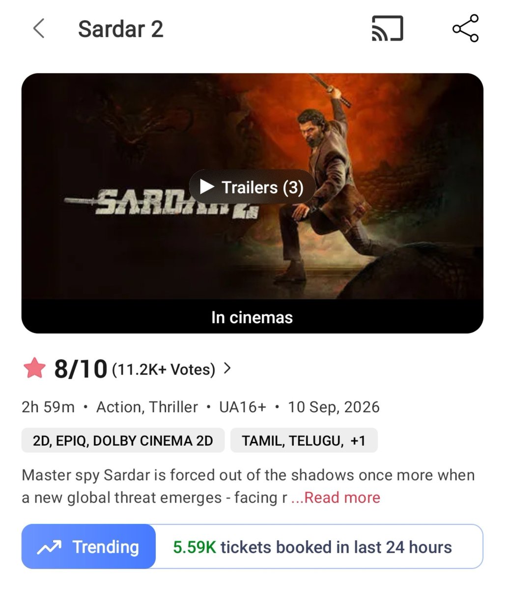 BNDBugle's tweet photo. #Sardar2 🕵️♂️🔥
The spy mission continues at the box office! 🕶️
5.59K tickets booked on BookMyShow in the last 24 hours
Once a spy, always a spy. 🔥
#Karthi #SJSuryah #PSMithran #SamCS #Sardar https://t.co/9x6W3WoV6O