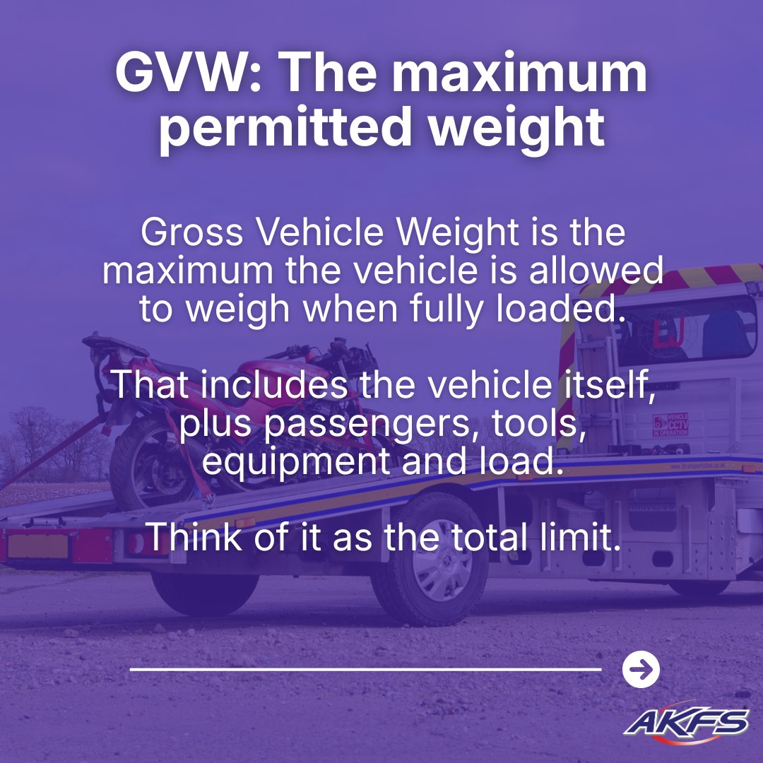 Advanced_KFS's tweet photo. GVW, kerb weight and payload. What’s the difference?

GVW is the maximum permitted weight, kerb weight is the vehicle’s own weight, and payload is the carrying capacity available.

When every kilogram counts, it pays to understand the numbers.

📞 01246 250022

#AKFS #Payload https://t.co/VIVjc5Ynbs