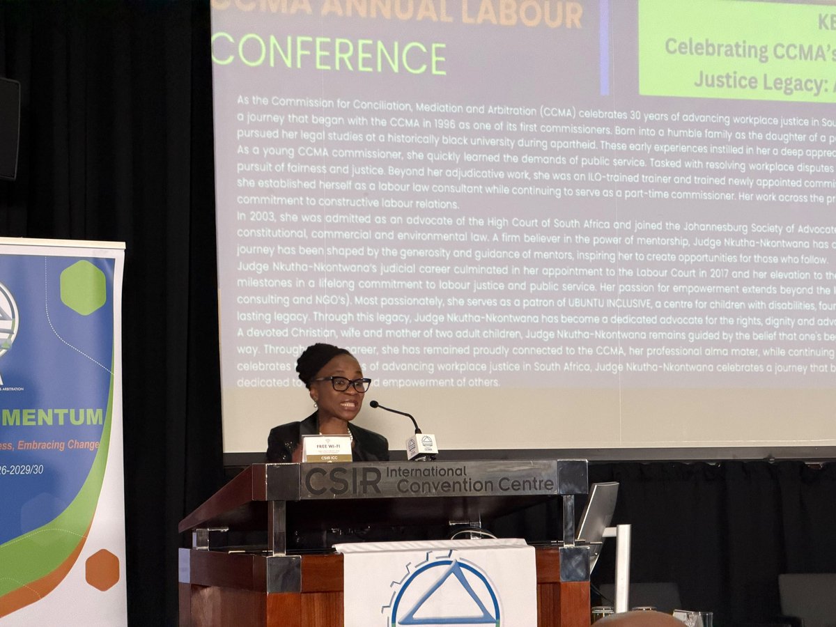 DmJomo's tweet photo. [📸 Happening Now] We are delivering an address on behalf of the Department of Employment and Labour at the CCMA Annual Labour Conference of 2026 convened by the CCMA under the theme “Three decades of the CCMA and 31 years of the Labour Relations Act: Advancing Fair Labour Practices, Social Dialogue and Access to Justice”.

The 2026 Conference also received an address from Judge Portia Nkutha-Nkontwana who is the Judge of the Labour Appeal Court and The Labour Court of South Africa. 

@GovernmentZA @CCMA_SA
#CCMALabourConference2026 #LabourRelation #TowardsLabourPeace #Yazini #GovtUpdateZA #ServiceDelivery #HaretageMonth2026