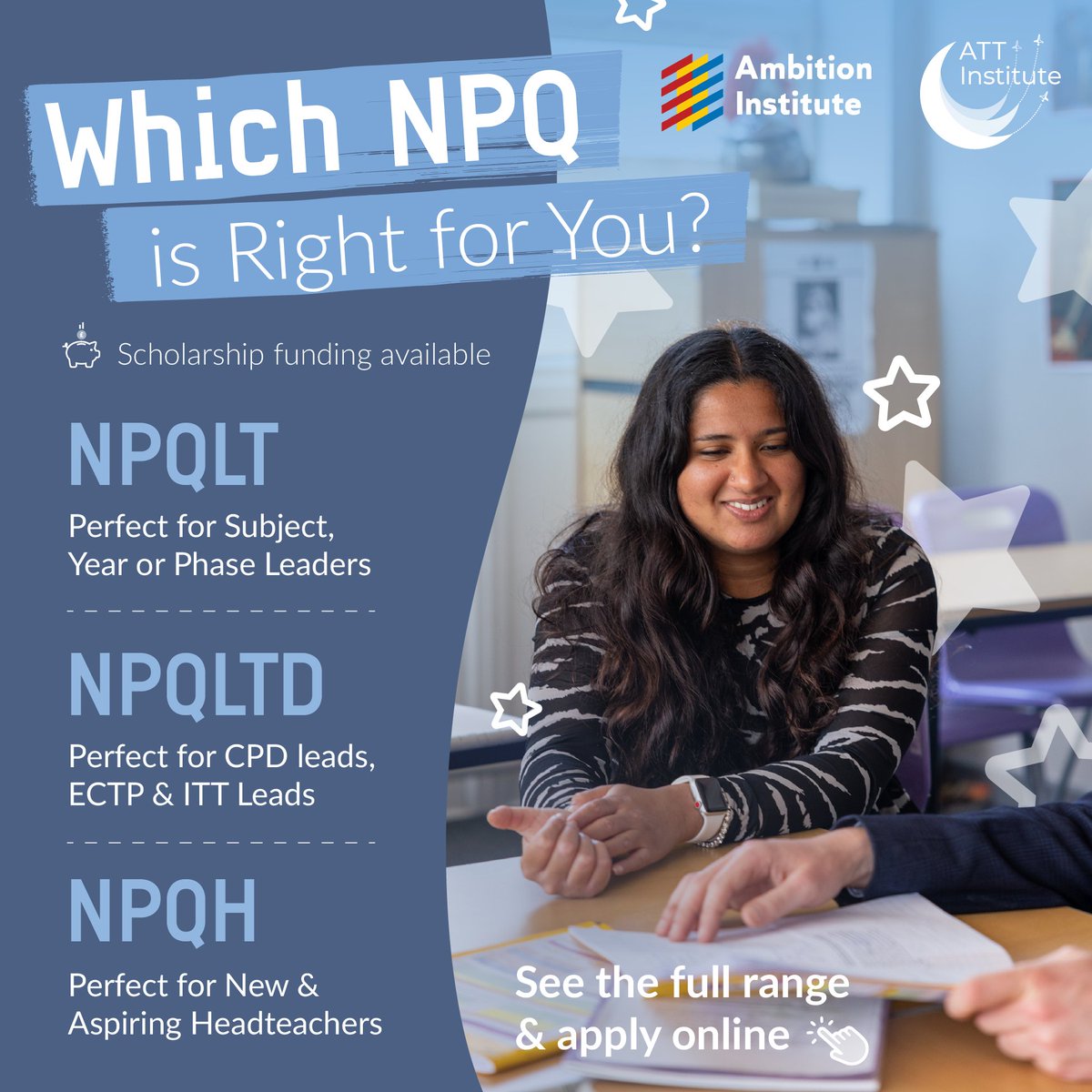 ATTInstitute's tweet photo. 📢 Subject or CPD lead, or aspiring head?
There's an #NPQ designed for your role. Explore #NPQLT, #NPQLTD and #NPQH with @AcademyTrust &amp; @Ambition_Inst ✈️
With limited funded spaces, now's the time to apply for a Nov26 start: https://t.co/BkD0GzNZqG
#TransformingPD #TeacherCPD https://t.co/9vp8sT938r