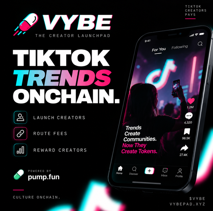 VybePad's tweet photo. TikTok already creates the trends.

Creators already have the audience.

VYBE is just putting it all onchain.

Launch creators. Route fees. Reward creators.

The TikTok meta starts here. https://t.co/A4akLqmKIJ