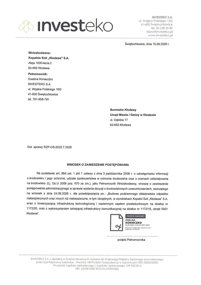 KonradNiznik_'s tweet photo. Wnioskodawca czyli Kopalnia Soli Kłodawa S.A. zwrócił się o zawieszenie postępowania administracyjnego. 
Zatem jest mały sukces, ale warto pamiętać, że jak kurz opadnie to do postępowania można powrócić. Jednym słowem trzeba mieć rękę na pulsie. https://t.co/JdmI7xZU0Y