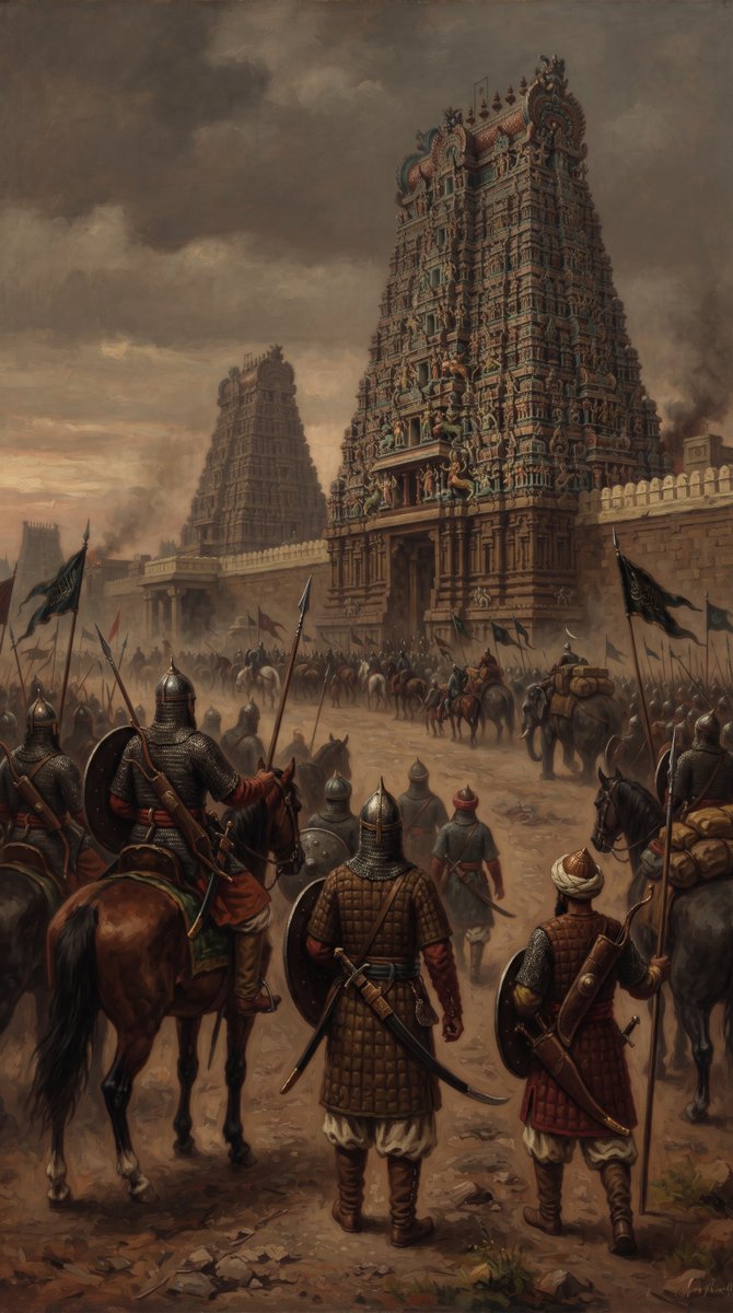 dhyantheauthor's tweet photo. Madurai's Meenakshi Sundareshwara Temple is celebrating its grand Maha Kumbabhishekam right now, but most people have no idea how close this temple came to disappearing completely...

In the 14th century, Sultanate forces marched south to Pandyan lands, looting temples and destroying deities on the way. The king fled the capital. With no royal protection left, the city's priests knew the temple wouldn't survive an open confrontation.

They decided to do something brilliant.

The Sthanikars, the temple caretakers, sealed the main shrine with a stone wall, putting up a false Lingam in front of it. Goddess Meenakshi was hidden on top of the shrine’s vimana, and several other deities were buried underground to keep them safe.

Still, someone had to stay behind. That job went to the priest of the Kariyamanikka Perumal shrine. He remained in a city under foreign occupation, guarding a god he couldn't openly worship, with no army and no guarantee he'd survive the years ahead.

The Madurai Sultanate ruled over the city for a gruelling period of around 48 years!

The 14 gopuras and several shrines were destroyed during this period, along with the Kariyamanikka Perumal shrine. The people were subjected to many horrors, as recorded in Ibn Battuta's and Ganga Devi's writings. 

According to the Madhura Vijayam, Goddess Meenakshi herself appealed to the Vijayanagara Prince Kampana, urging him to free Madurai from foreign rule. She says:

“The coconut trees of Madurai have been cut down by these intruders, and in place of these, we have gruesome substitutes in the form of iron sula, which are adorned with garlands of decapitated human heads...”

Prince Kampana led a campaign to reclaim the Tamil lands from the Madurai Sultanate, restoring all the affected temples. When he reopened the sanctum of the Madurai temple, he saw a divine miracle.

The lamp lit decades ago was still burning bright! The flowers and decoration of the deity hadn't wilted at all!

Even today, you can see the decoy Lingam in the temple’s ardha mandapa, bearing the marks of the Sultanate swords. It is a reminder of what our ancients did to keep this temple alive for our generation.

Let us honour and remember our ancestors' countless sacrifices. Without them, we wouldn't have this temple today.