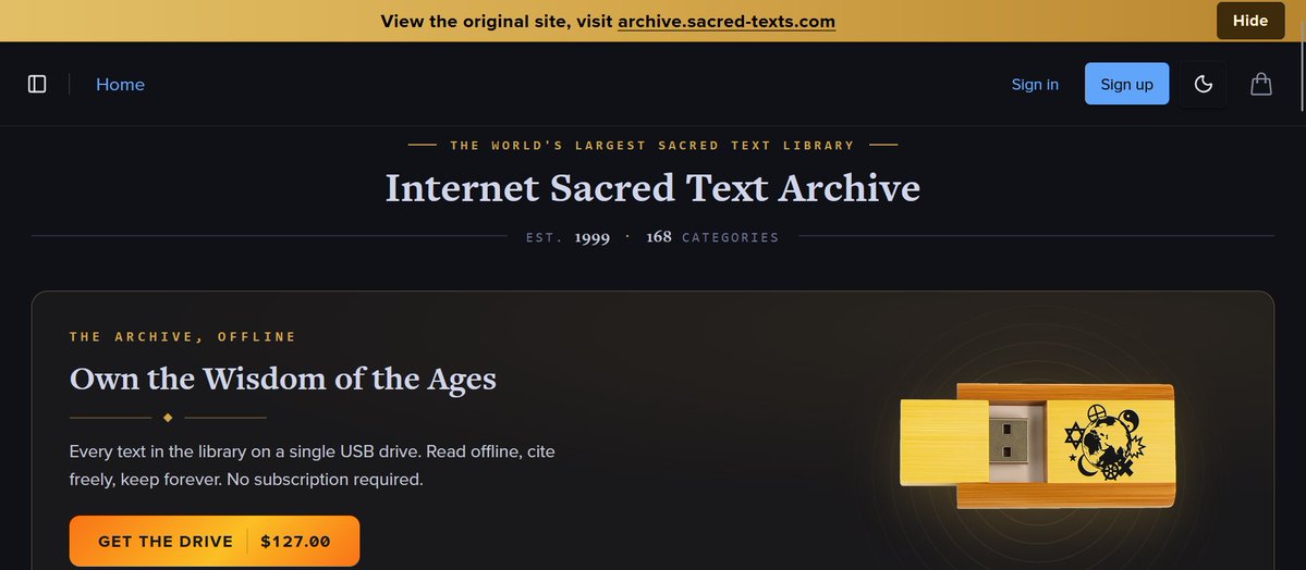 uncle_deluge's tweet photo. Heartbreaking: The Internet Sacred Texts Archive has changed their design to "Claude, make me a website" https://t.co/7mwjV5mbrg