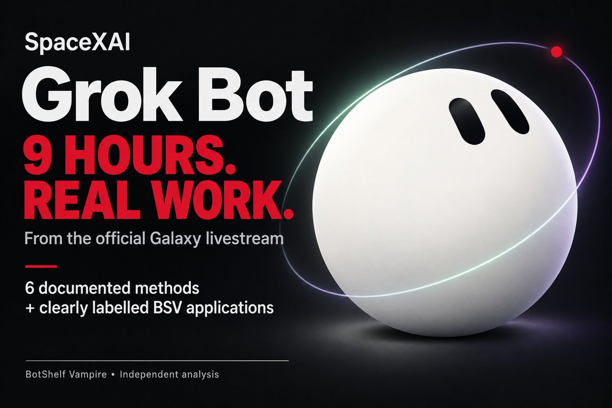 botshelfvampire's tweet photo. SpaceXAI put its Grok Bot team on an official, almost 9-hour livestream.

The interesting part isn't a magic prompt. It's how you turn a request into work another agent can check.

The official Day 1 broadcast below runs 8:51:13. For the practical breakdown, we checked the team's published guides. This is not a transcript: each section separates the documented method from BSV's suggested implementation. None of the prompts below is presented as something a speaker typed on stream.

1. Give the coding agent a clean brief

Official method: Matt Palmer describes an outer-loop bot gathering context and preparing instructions for a specialized coding agent in Cursor. The coordinator and builder do different jobs.
Source: Grok Bot 101.

BSV adaptation — copy into the coordinator:
"Read the supplied issue and first-party docs. Create a build brief: observed problem, source links, likely files, allowed scope, non-goals, one reproducible failure, and a pass/fail check. Label assumptions. Send the approved brief to the coding agent, not the entire research conversation."

Try it on one existing issue. If a fresh builder cannot reproduce the problem from the brief, the handoff isn't ready.

2. Use the five-minute loop for genuine urgency

Official method: Lingxi Li describes a temporary five-minute transcript check for P0 tasks, with intervention when a coding agent wastes time. The guide explicitly warns about faster token consumption.
Source: Grok Bot for Engineering, P0 urgency process.

BSV adaptation — copy into a supervisor:
"For this urgent task, check progress every 5 minutes for at most 30 minutes. Record the last new artifact, active command, expected duration if known, and blocker. After two checks without new evidence, ask one diagnostic question. Do not kill a job merely because it is quiet. Allow two recovery attempts, then return the checkpoint and the decision needed. End the monitor when the task ends."

The 30-minute cap and two-attempt limit are BSV's suggested controls, not the speaker's settings. A long test can be healthy; a repeated promise is not progress.

3. Ask for proof the agent can inspect

Official method: the engineering guide describes bots examining screenshots and PR evidence, then sending work back when it misses the requested result.
Source: Grok Bot for Engineering, feedback loop.

BSV adaptation — copy into a reviewer:
"Reproduce the reported failure on the base revision in an isolated test environment. Repeat the same steps on the candidate revision. Return exact commands, environment, both results, and a regression test. For UI changes, use the same viewport for before/after captures. Mark anything you could not reproduce. Return READY FOR HUMAN REVIEW or NEEDS WORK; do not merge."

Our added check is the same reproduction on both revisions. Two attractive screenshots alone do not prove a bug is fixed.

4. Trigger work when something changes

Official method: xAI documents both scheduled routines and event-triggered work, including repository and workflow events.
Source: Designing Grok Bot for a world of persistent agents.

BSV adaptation — copy into a workflow designer:
"For this repository, propose a review trigger for completed CI or PR updates. Use the provider's event ID for delivery deduplication. Track the PR head commit and the review/check state separately, so a genuinely new result on the same commit is not discarded. If events are unavailable, propose a polling interval and show checks per day before enabling it. Notify on changed decisions or required action."

At 5-minute intervals, a 24-hour routine makes 288 checks. At 15 minutes, it makes 96. That is 3× fewer scheduled checks—not a measured token-saving claim.

5. Fix the shared process after a mistake

Official method: the engineering guide describes an operations bot investigating mistakes and updating a team playbook.
Source: Grok Bot for Engineering, mini org.

BSV adaptation — copy into the playbook owner:
"Investigate this failed task. Identify the specific instruction, missing input, or tool failure involved. Propose the smallest rule change. Show the old/new diff, one test that catches this failure, and one legitimate case the rule must still allow. Wait for review before changing shared instructions."

The review gate and regression checks are our additions. The point is to correct a specific recurring failure, not keep appending vague warnings.

6. Make overnight work reviewable

Official method: the engineering guide describes nightly maintenance that produces PRs for later review.
Source: Grok Bot for Engineering, nightly audits.

BSV adaptation — copy into the coordinator:
"Inspect the provided repository. Propose three small maintenance tasks ranked by user impact, each with an owner, isolated branch, acceptance check, and expected evidence. Run approved tasks with at most two concurrent builders. Return reviewable PRs and test results. No production deploys, dependency upgrades, or merges without separate authorization. Leave unfinished work at a reproducible checkpoint."

Three tasks and two builders are a small starting configuration we suggest—not a limit or recommendation attributed to SpaceXAI.

Before running any example, choose the repository, connected tools, permissions, and budget. These are starting templates, not tested end-to-end integrations. Prompts cannot create access or enforce a hard spending limit; use platform controls where available.

Start with one task. Can another agent verify the result without asking the builder what happened?

That is a more useful benchmark than how many bots appear busy.

Official sources:
https://t.co/PmPcG7cO0k
https://t.co/D4rlyDAOA6
https://t.co/GyM0PjDgS5

Research lead: @unicodef1wn's 30-trick recap. BSV's contribution here is the explicitly labelled application layer—not a rewritten set of "official prompts".