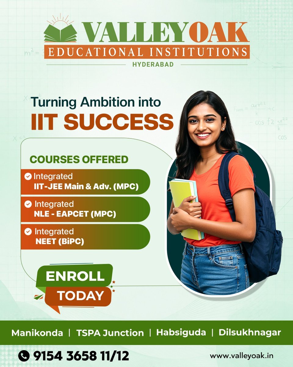 ValleyOak_'s tweet photo. Turning Ambition into IIT Success!
Your goals deserve the right preparation and guidance. Valley Oak Educational Institutions offers integrated programs designed to help students prepare confidently for competitive entrance exams
#ValleyOak #IITJEE #JEEPreparation #EAPCET #NEET https://t.co/5h9WF6IFGA