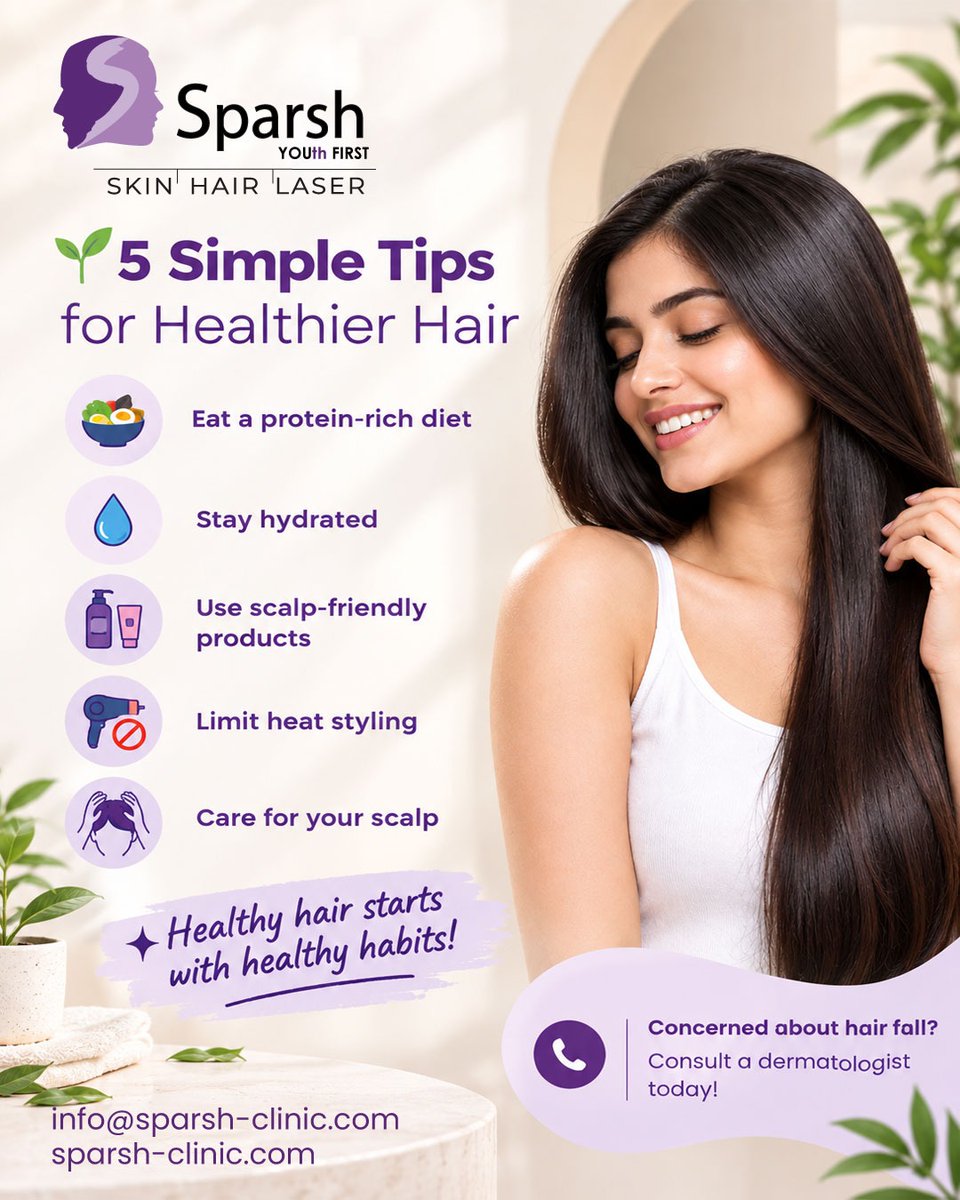 sparsh_skincare's tweet photo. 5 Tips for Healthier Hair 💜

Healthy hair = healthy habits!

Full tips in image 👇
Concerned about hair fall? Consult our dermatologist.

https://t.co/qtT4nJtth2

#HairCare #HealthyHair #HairFallTips #ScalpCare #SparshClinic https://t.co/amiVWlI0Tw