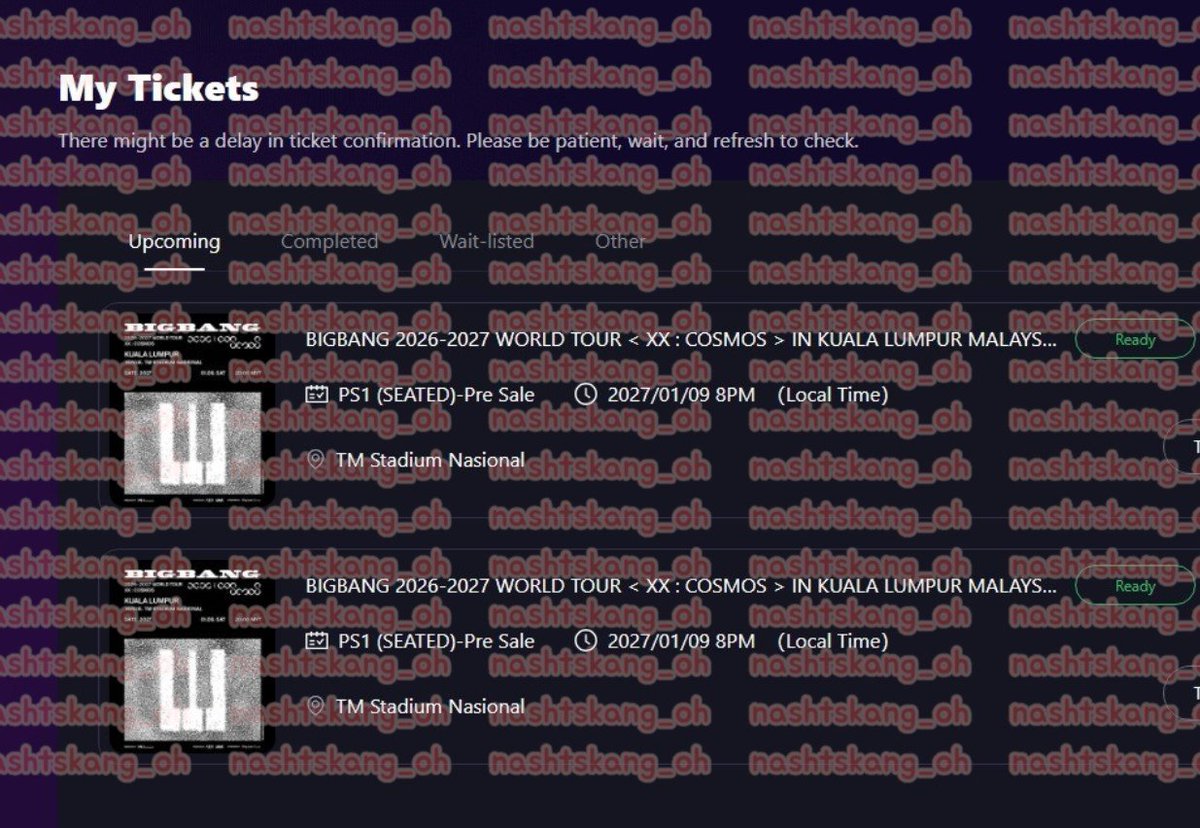 nashtskang_oh's tweet photo. #BigBanginKL 

🎫 secured 4 tickets for my loved ones! 🎫

2x PS1 (SEATED) for @fluffybunbun_j 
2 x PS4 (SEATED) for my brothers

managed to grab the first 2 in 4 minutes, and then proceeded to help out my brother (given that his queue crashed out 30 minutes in) 🎉 https://t.co/a7n9SbmVPb
