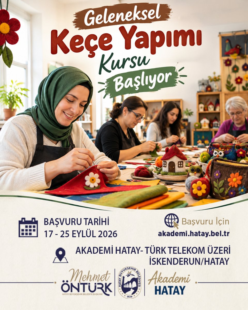 AkademiHatay's tweet photo. 🧶 Geleneksel el sanatlarını Keçe Yapımı Kursu başlıyor..!

📅 Başvuru Tarihi: 17 – 25 Eylül 2026

📍 Yer: Akademi Hatay – Türk Telekom Üzeri İskenderun / HATAY

🌐 Başvuru: https://t.co/ttBH7W9yge

#hatay #iskenderun #keçe #keçekursu #kurs #HayatBoyuÖğrenme @hataybsb https://t.co/xE0vgDH703