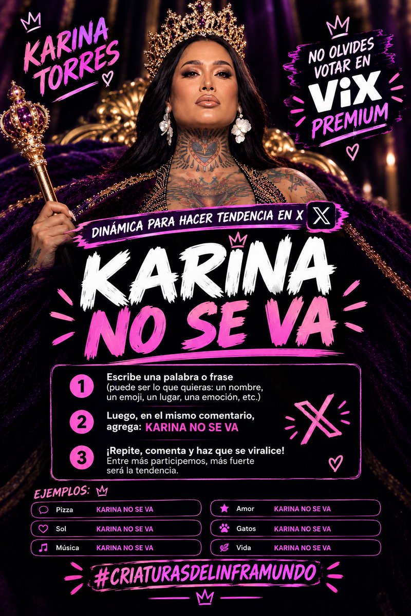 jeosxx's tweet photo. 🔥 DINÁMICA PARA TENDENCIA EN X 🔥

Escribe cualquier palabra y en el mismo comentario agrega:

KARINA NO SE VA 👑💗

Ejemplo: 🍕 Pizza — KARINA NO SE VA

¡Vamos a llenar X! 🚨

🗳️ No olvides votar en ViX Premium

#Teamlobas 
#LaCasaDeLosFamososMéxico4 
#LaCasaDeLosFamososMéxico
#LaCasaDeLosFamososMxً 
#LaCasaDeLosFamososMéxicoMx