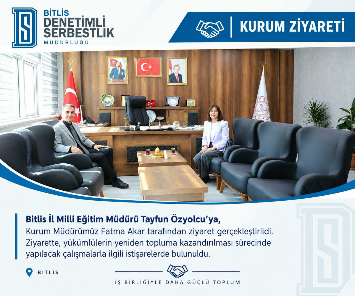 BitlisDSM's tweet photo. Kurum Müdürümüz Fatma Akar, Bitlis İl Millî Eğitim Müdürü Tayfun Özyolcu’yu ziyaret etti.
Görüşmede, yükümlülerin yeniden topluma kazandırılması sürecinde yapılabilecek çalışmalar ve kurumlar arası iş birliği imkânları değerlendirildi.
#Bitlis #DenetimliSerbestlik https://t.co/sEFgRx2uyU