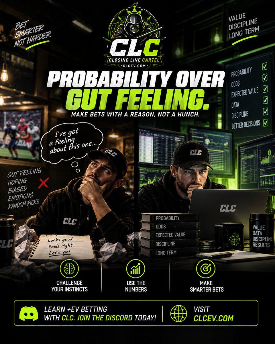 CLC_ev's tweet photo. I’ve got a feeling about this one.

That’s confidence - not probability.
Use the numbers to challenge your instincts.
Probability. Odds. Value.

#EVBetting #DataDrivenBetting #SportsBetting https://t.co/wTwBX2iqyV
