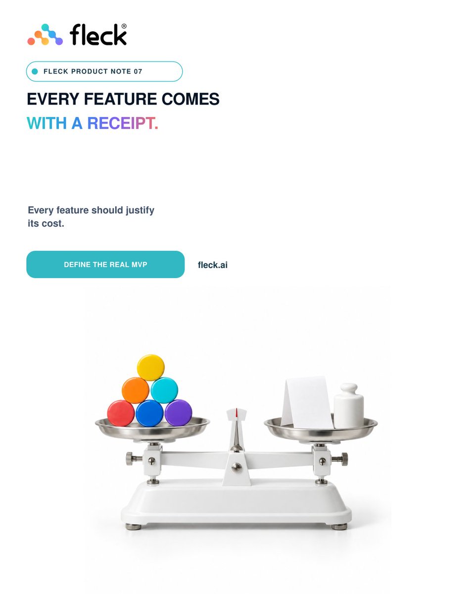Fleck_AI's tweet photo. Every feature adds design work, states, testing, maintenance and cognitive load. The useful question is not, Can we add it? but Does its value justify its total cost?
Fleck helps define a clearer MVP around that trade-off.
https://t.co/WjZGBO35lY
#Fleck #FleckAI #MVP https://t.co/PKcHWgXk92