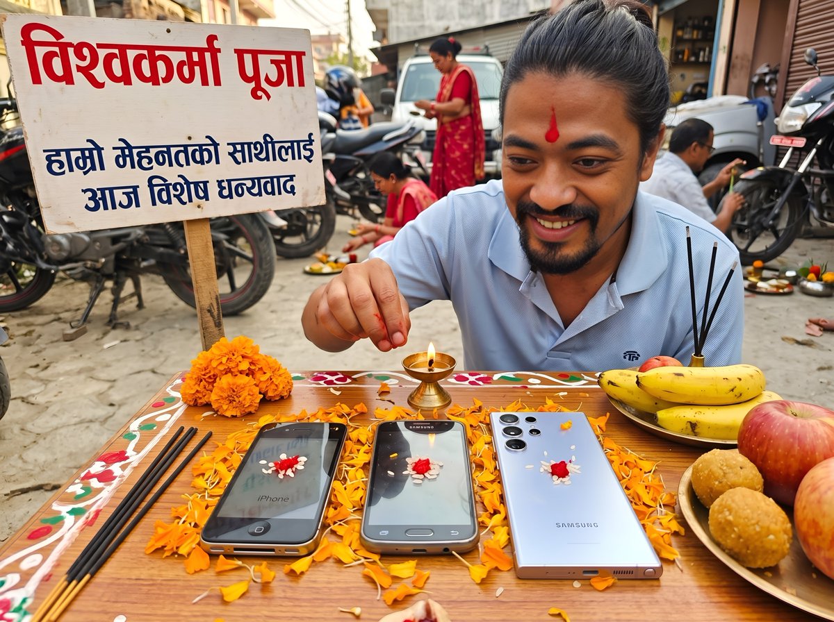 babumohanpurush's tweet photo. अरूले आज गाडी, बाइक, मेसिनको पूजा गरे... मैले चाहिँ मेरो कमाइको मुख्य मेसिनको पूजा गरेँ। 😄📱 हाम्रो मेहनतको साथीलाई आज विशेष धन्यवाद! #विश्वकर्मापूजा #MobilePuja #DigitalLife #BabuMohanPurush ���𝙖𝙗𝙪 𝗠𝗼𝗵𝗮𝗻 ᵖᵘʳᵘˢʰ https://t.co/7owLR4fcww