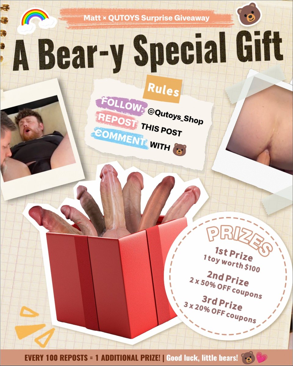 Qutoys_Shop's tweet photo. 🧸 A Bear-y Special Gift is here! 🧸

@MattRmzn × @Qutoys_Shop  are bringing you a little surprise 👀🎁

Want to win a $100 toy or grab some sweet discount coupons? 😈

🐻 FOLLOW @Qutoys_Shop
🔁 REPOST this post
💬 COMMENT with 🧸

🎁 PRIZES:
🥇 1 × toy worth $100
🥈 2 × 50% OFF coupons
🥉 3 × 20% OFF coupons

🔥 And it gets better… 👇
🍆 https://t.co/oNTT2kYKCm 
 
Every 100 reposts unlocks ONE MORE PRIZE!
Come on, little bears… let's make this giveaway HUGE! 🧸💕
 Good luck 😈

#yiff  #QUTOYS  #Giveaway