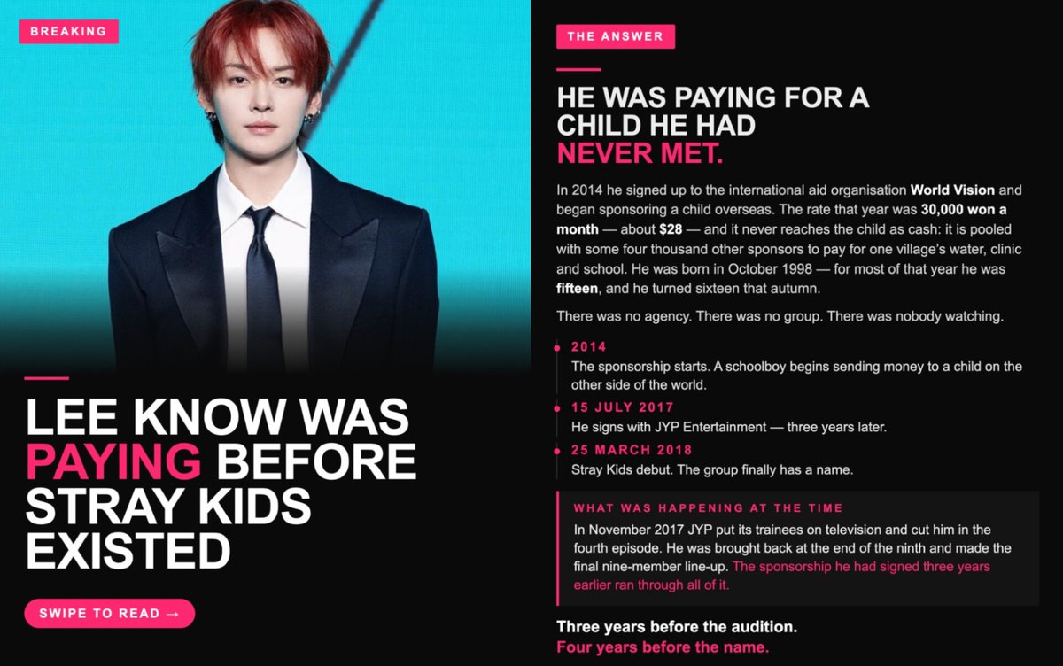 LKglobal_'s tweet photo. “LEE KNOW WAS PAYING BEFORE STRAY KIDS EVEN EXISTED - He was still in school”

An article was posted about Lee Know's charity contributions and how he started, not from a privileged position, but out of a genuine will to help—starting from a young age, with no audience and no one watching ❤️

《Lee Know was already paying for someone before Stray Kids existed. He was still at school.

Eleven years later he is the youngest person ever taken into a club that had never admitted anyone his age, and the money that went out last month is feeding families in Nepal who lost their homes.

The strangest entry on the whole list is the one he made on his own birthday》
