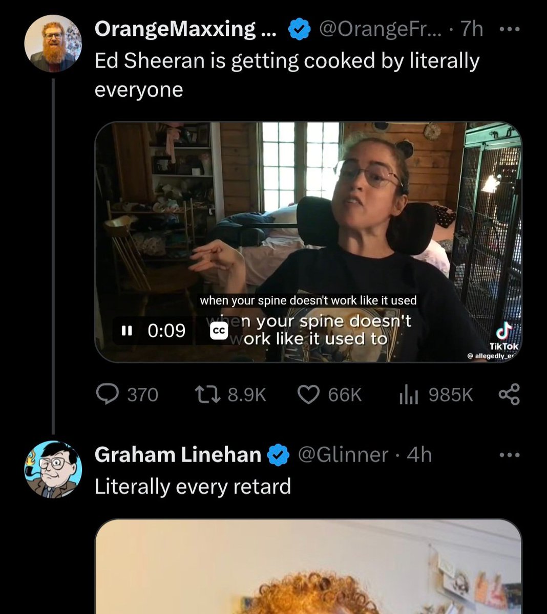 AidanCTweets's tweet photo. So, we're just openly using ableist slurs in response to someone posting a video of a comedian with cerebral palsy roasting Ed Sheeran?

Elon Musk taking the brakes off on here really has allowed "gender critical" leaders to show everyone who they truly are. https://t.co/YCNwl44hH2