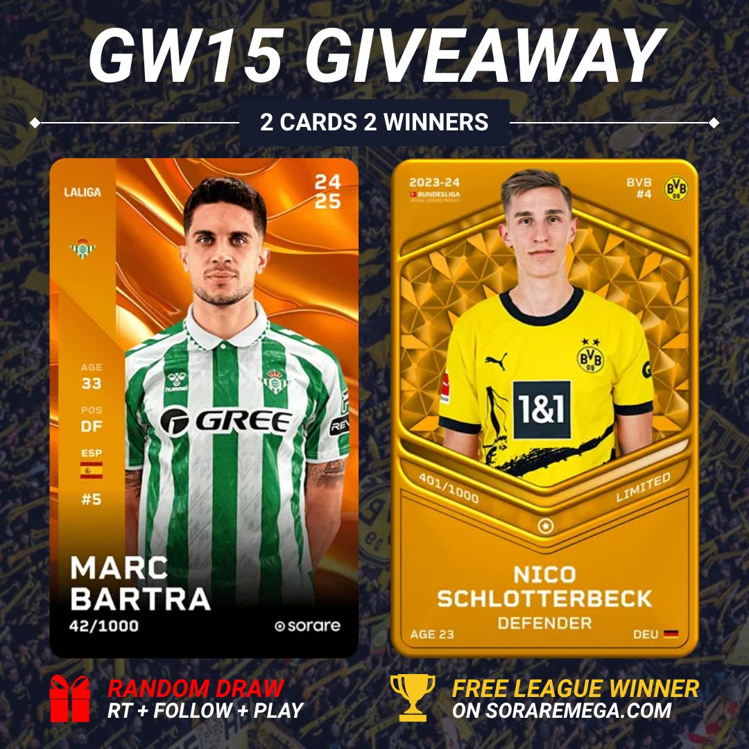 SorareMega's tweet photo. ⭐ GW15 @ChampionsLeague STARS SPECIAL! ⭐

2 cards. 2 winners!

Two Champions League stars ready for another big European night 🔥

🏆 Free League winner → 🟨 Nico Schlotterbeck
🎁 Random draw → 🟨 Marc Bartra

To enter the random draw:
🔁 RT
👥 Follow @SorareMega
💬 Reply with your Sorare username
⚽ Submit a team on https://t.co/OmenHf2qEG

🎲 Draw: Saturday

#Sorare #ChampionsLeague #FantasyFootball