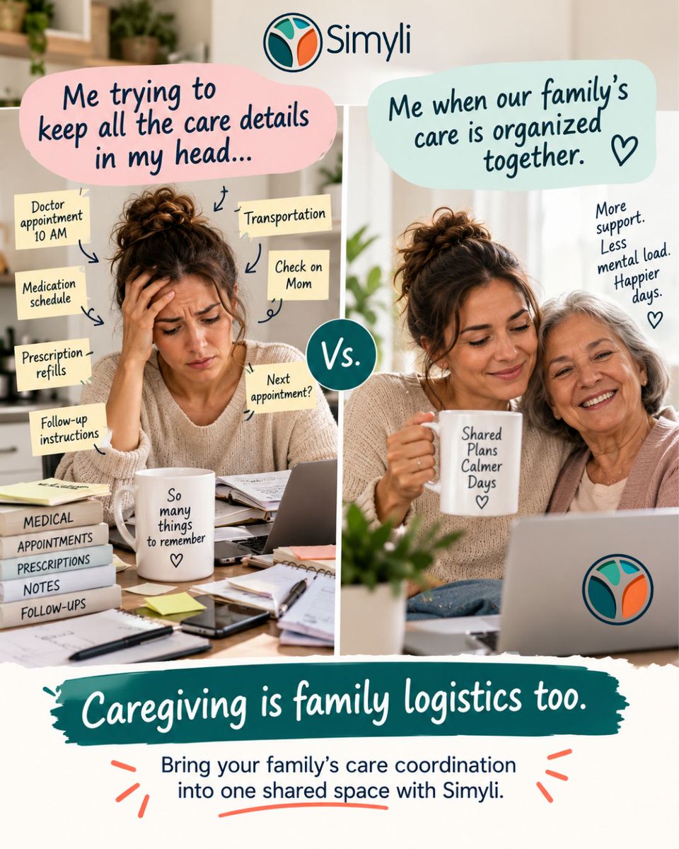 hellosimyli's tweet photo. Caregiving is love but it’s also logistics. 💚

Simyli gives families a shared space to coordinate care so information doesn’t depend on one person remembering everything.

More support. Less mental load. More time together.

📲 Bring your family’s care coordination into Simyli. https://t.co/VDZnWf0qat
