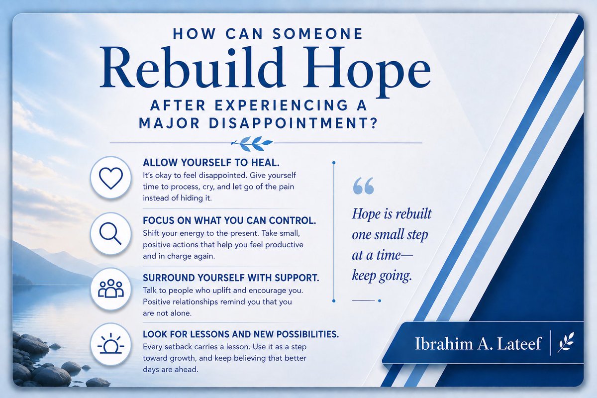 omo_sheu__'s tweet photo. This card highlights how to rebuild hope after experiencing a major disappointment.
One Word. One Week. One Step Forward.
— Ibrahim A. Lateef
#52WeeksOfGrowth #Week14 #Hope #OneWordOneWeekOneStepForward #LetsGrowTogether #PersonalGrowth https://t.co/CwYav70Yyh