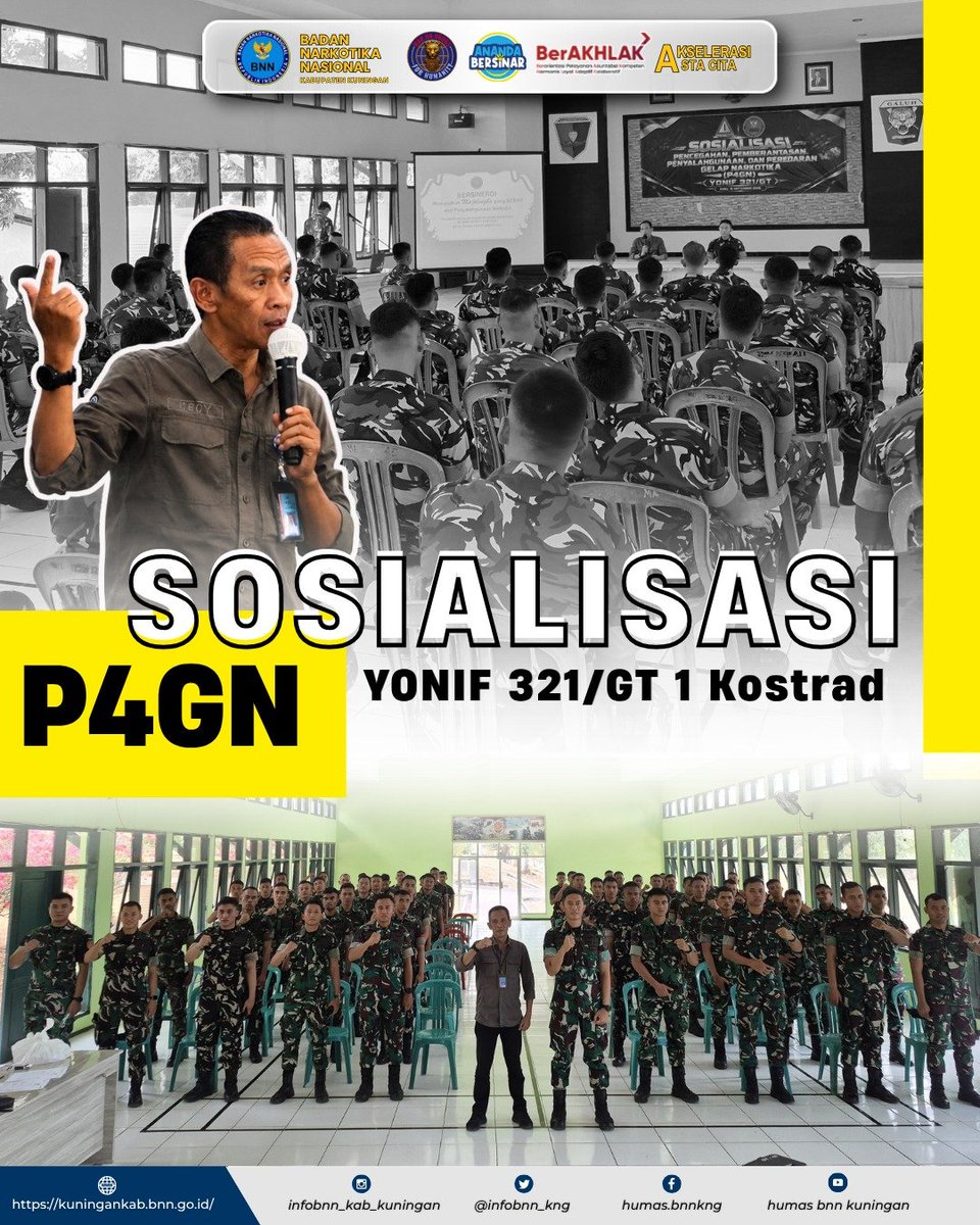 infobnn_kng's tweet photo. Hallo #Sobat BNNKu!
Ketua Tim P2M BNNK Kuningan melaksanakan Sosialisasi P4GN kepada Anggota Yonif 321/GT 1 Kostrad. Dalam kegiatan ini, peserta mendapatkan edukasi mengenai bahaya penyalahgunaan narkotika serta pentingnya peran bersama dalam upaya P4GN.
#Warondrugsforhumanity https://t.co/TRyogysAMV
