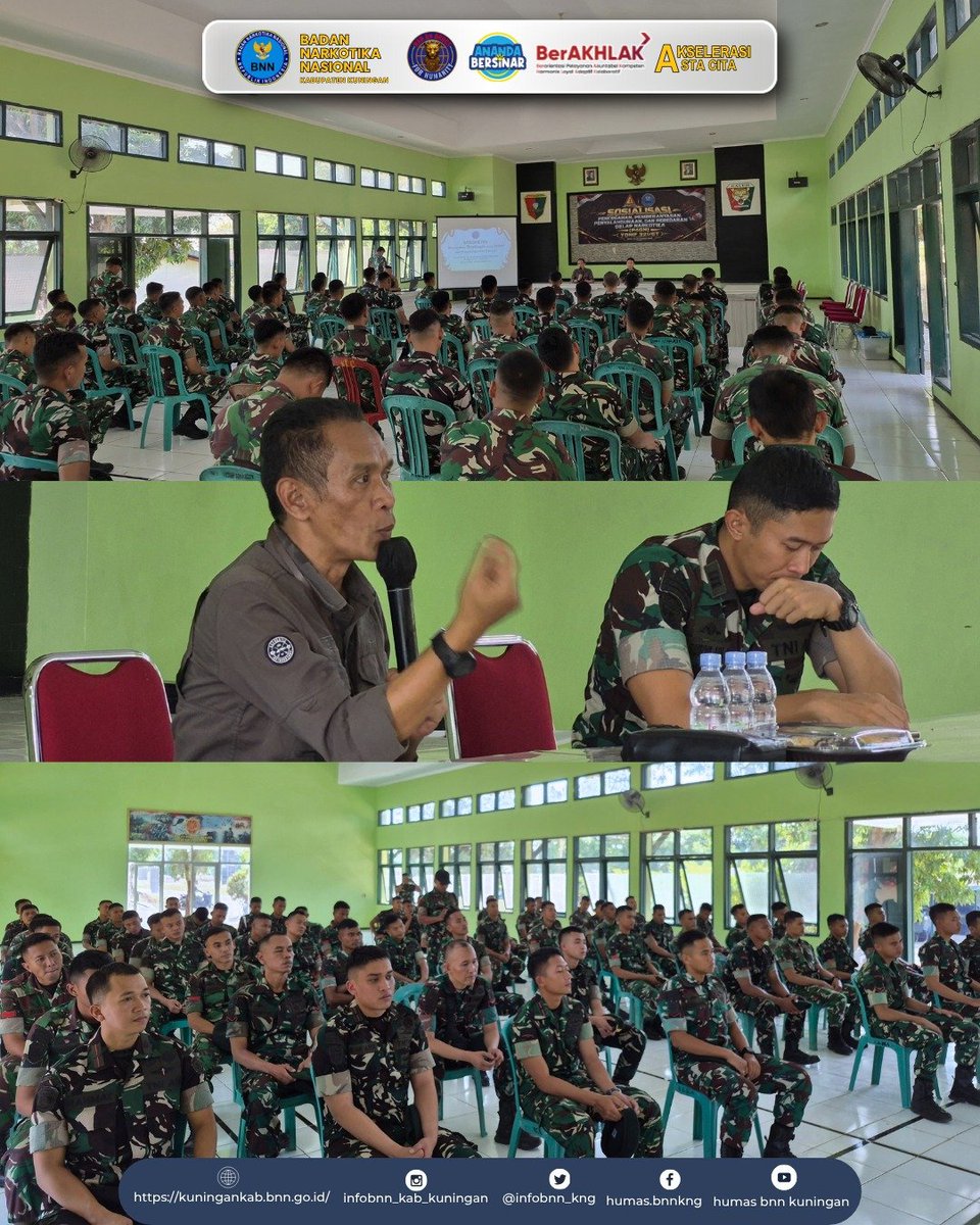 infobnn_kng's tweet photo. Hallo #Sobat BNNKu!
Ketua Tim P2M BNNK Kuningan melaksanakan Sosialisasi P4GN kepada Anggota Yonif 321/GT 1 Kostrad. Dalam kegiatan ini, peserta mendapatkan edukasi mengenai bahaya penyalahgunaan narkotika serta pentingnya peran bersama dalam upaya P4GN.
#Warondrugsforhumanity https://t.co/TRyogysAMV