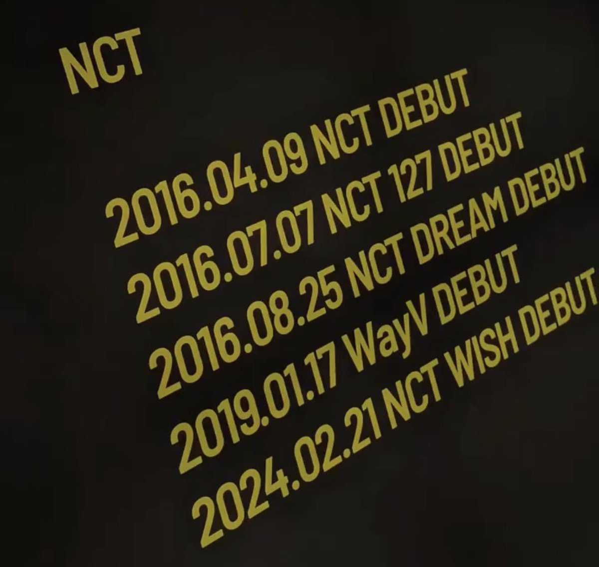 mybelovesun's tweet photo. NCT 

2016.04.09 NCT DEBUT
2016.07.07 NCT 127 DEBUT
2016.08.25 NCT DREAM DEBUT
2019.01.17 WayV DEBUT
2024.02.21 NCT WISH DEBUT https://t.co/6HPiWkMFvD