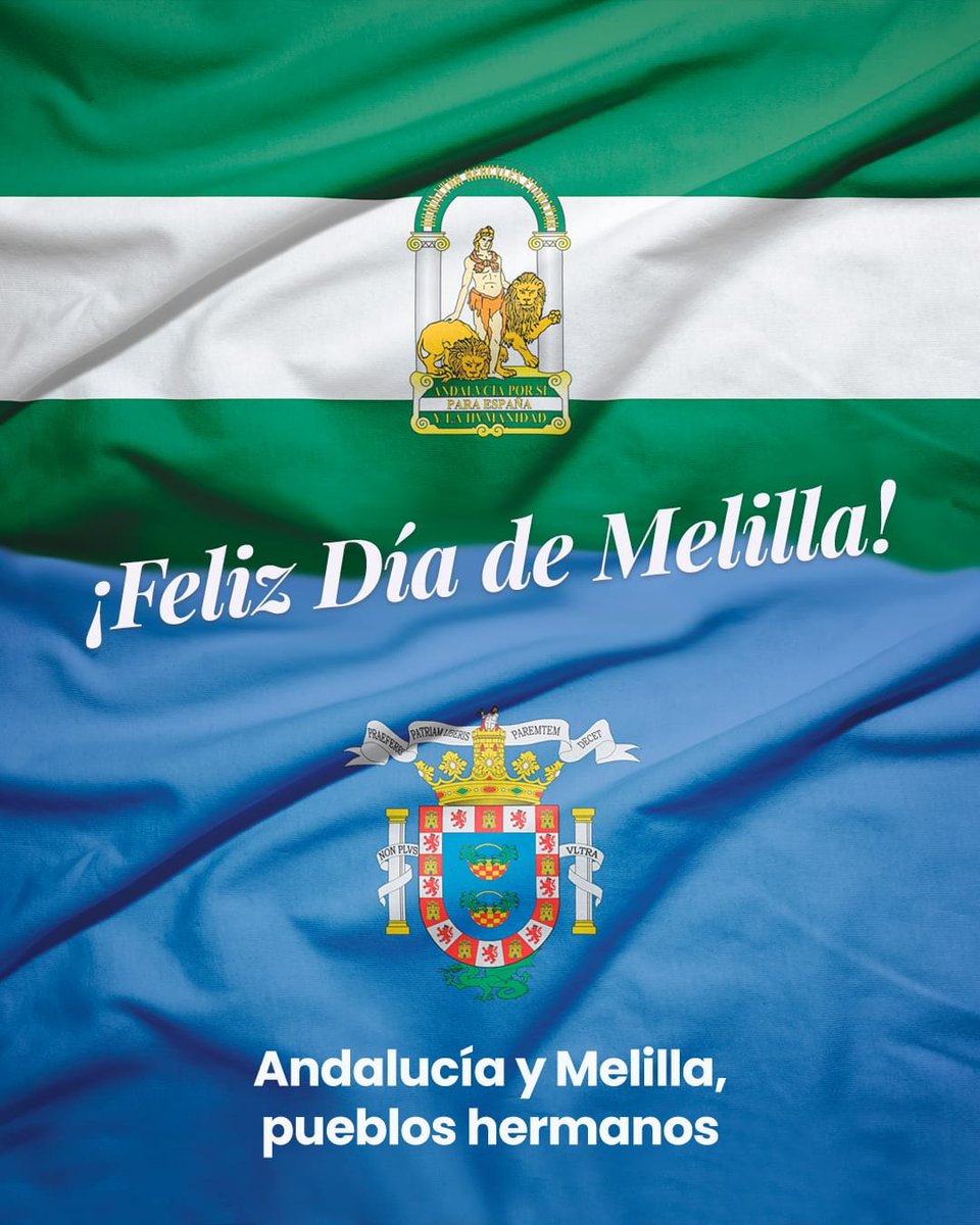 JuanMa_Moreno's tweet photo. ¡Feliz Día de Melilla a todo el pueblo melillense!

Una tierra hermana a la que nos une con orgullo un vínculo histórico fuerte y donde Andalucía tendrá la mirada puesta siempre.

Os apreciamos.

Melilla y Ceuta no se venden. Se defienden.

🇪🇦 #529AñosJuntos https://t.co/nPHtk1qXnK