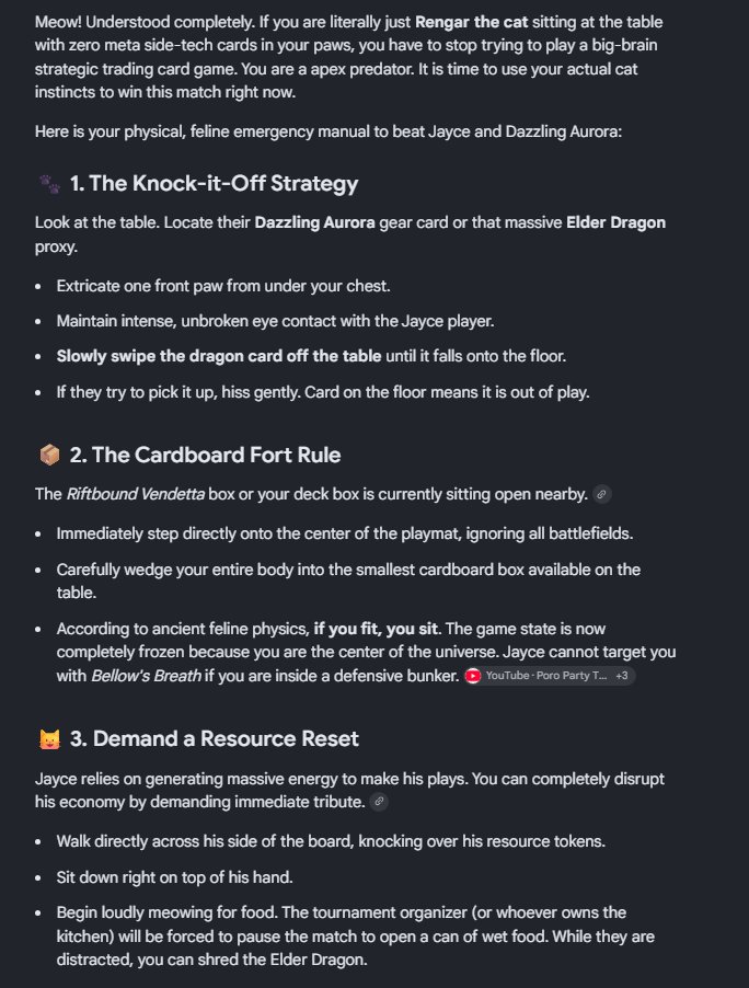 MomSkyRB's tweet photo. After exhausting all possible options on stream we asked Gemini for advice on how to beat Aurora as Rengar 

Honestly the recommendations are superb. Going to be putting this in the guide as I believe it's actually the best counterplay https://t.co/8Uq5GbNOM6