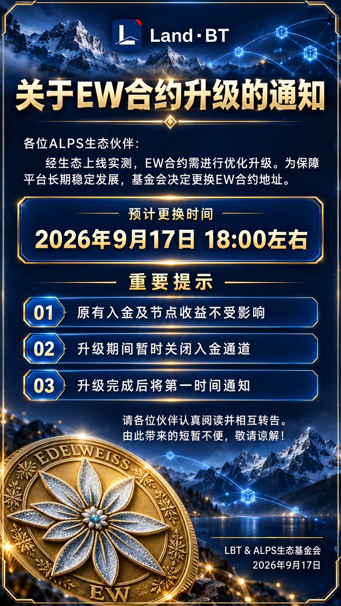 LAND_BT's tweet photo. 📢 EW Contract Upgrade Notice
To support long-term stability, the EW contract will be upgraded and replaced around 18:00 on Sep 17.
✅ Existing deposits &amp; node rewards remain unaffected
⏸ Deposits will pause during the upgrade
🔔 Updates will follow
#LBT #ALPS #EW #Web3 https://t.co/GyjOFu2n9w