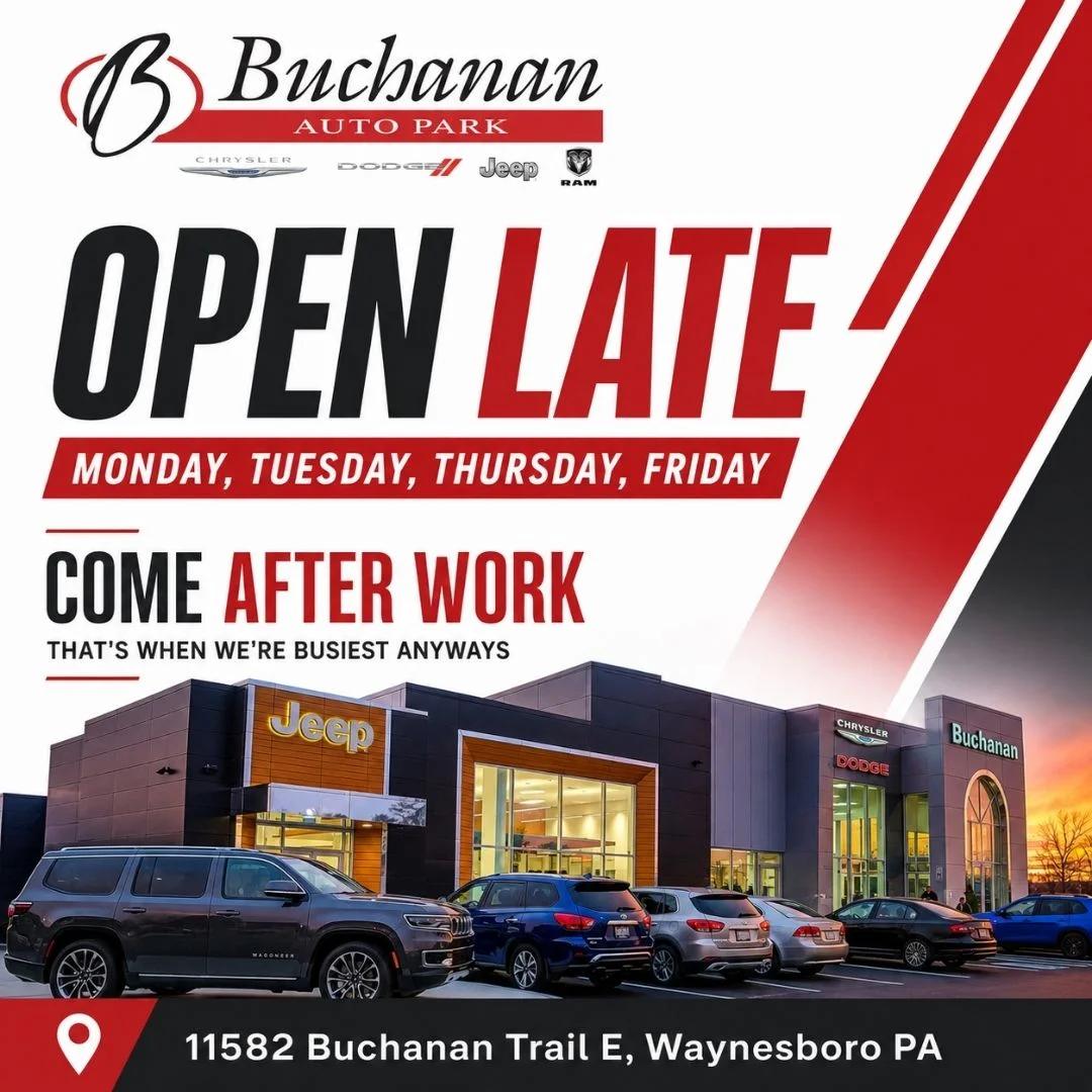FlorineMcelwine's tweet photo. The lot lights stay on late at Buchanan. Mon, Tue, Thu &amp; Fri until 8pm—so your car search can continue after work. Stop by Buchanan Auto Park after your shift and let’s talk numbers. https://t.co/UgpcQdimxC
