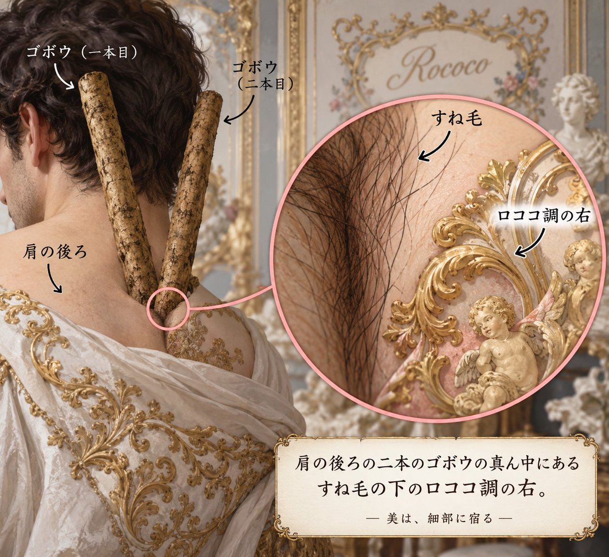 T_hiratin's tweet photo. 肩の後ろの二本のゴボウの真ん中にあるすね毛の下のロココ調の右
作：チャッピー https://t.co/UKJ1nlk2Tg